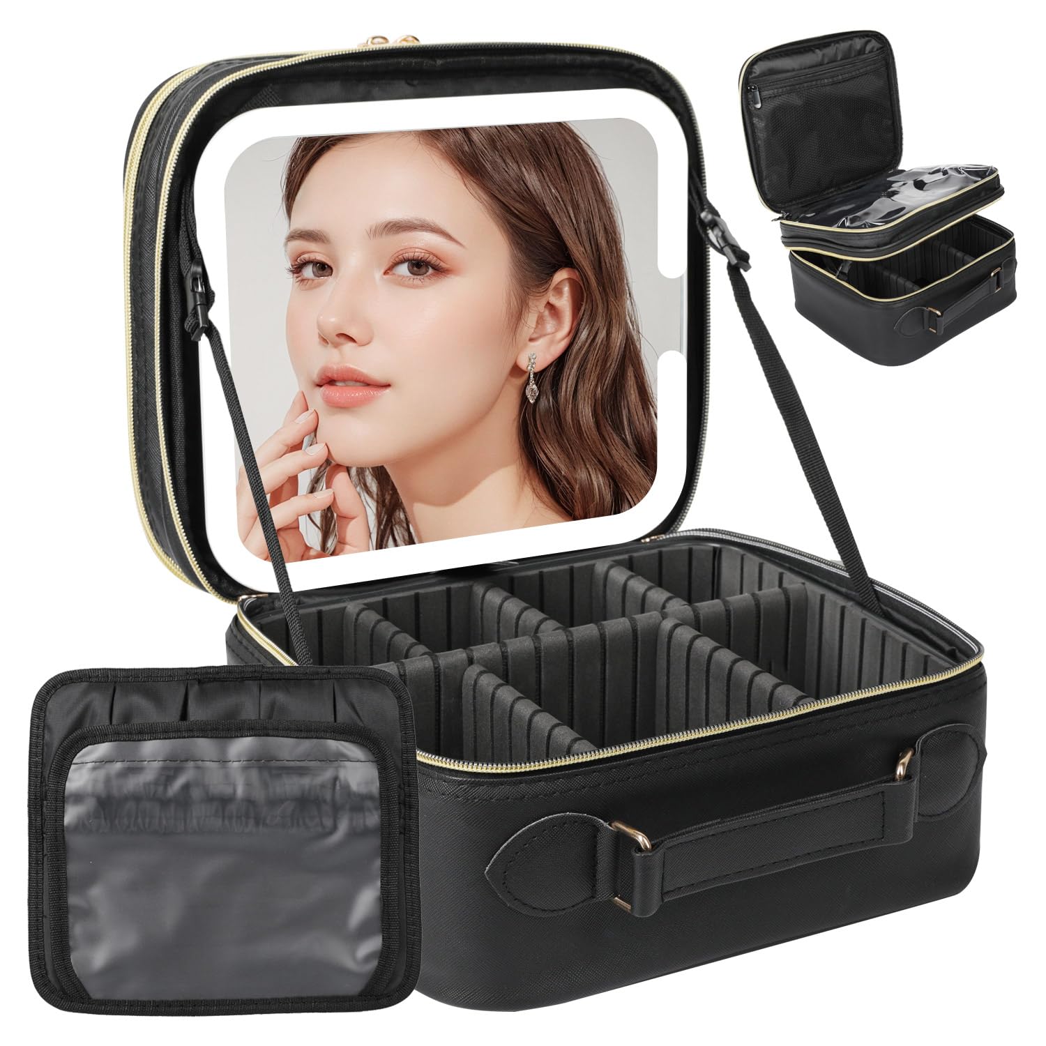 Travel Makeup Bag with LED Mirror Double Layer, Detachable Vanity Mirror with Lights, Tri-light Dimmable, Makeup Case with Adjustable Dividers and Brush Holder Cosmetic Organizer Storage Box for