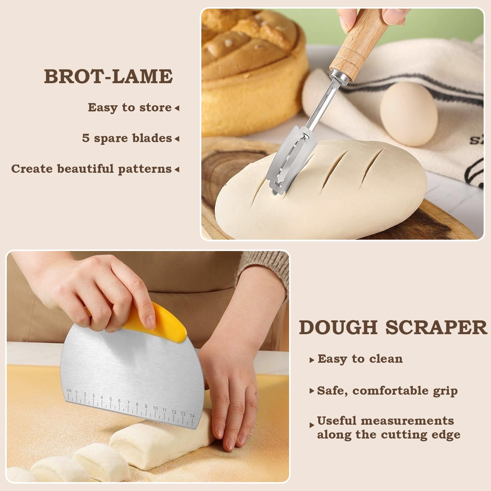 Banneton per Kit Pane, Cestino da Lievitazione Rotondo e Ovale, Cestino per La Fermentazione con Tela di Lino, Raschietto Pasta, e Lame Taglierina Pane, Accessori per La Cottura