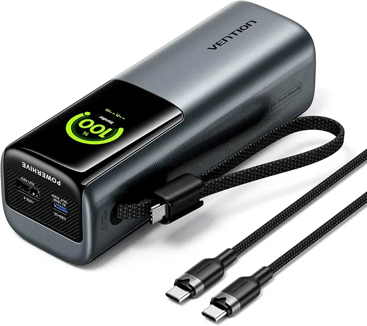 VENTION Power Bank 27000mAh 200W, batería externa carga rápida Con pantalla digital y Emoji, Cable USB-C integrado, 2× USB-C + USB-A, para MacBook Pro, iPad, Dell/HP, iPhone 17/16/15, Galaxy