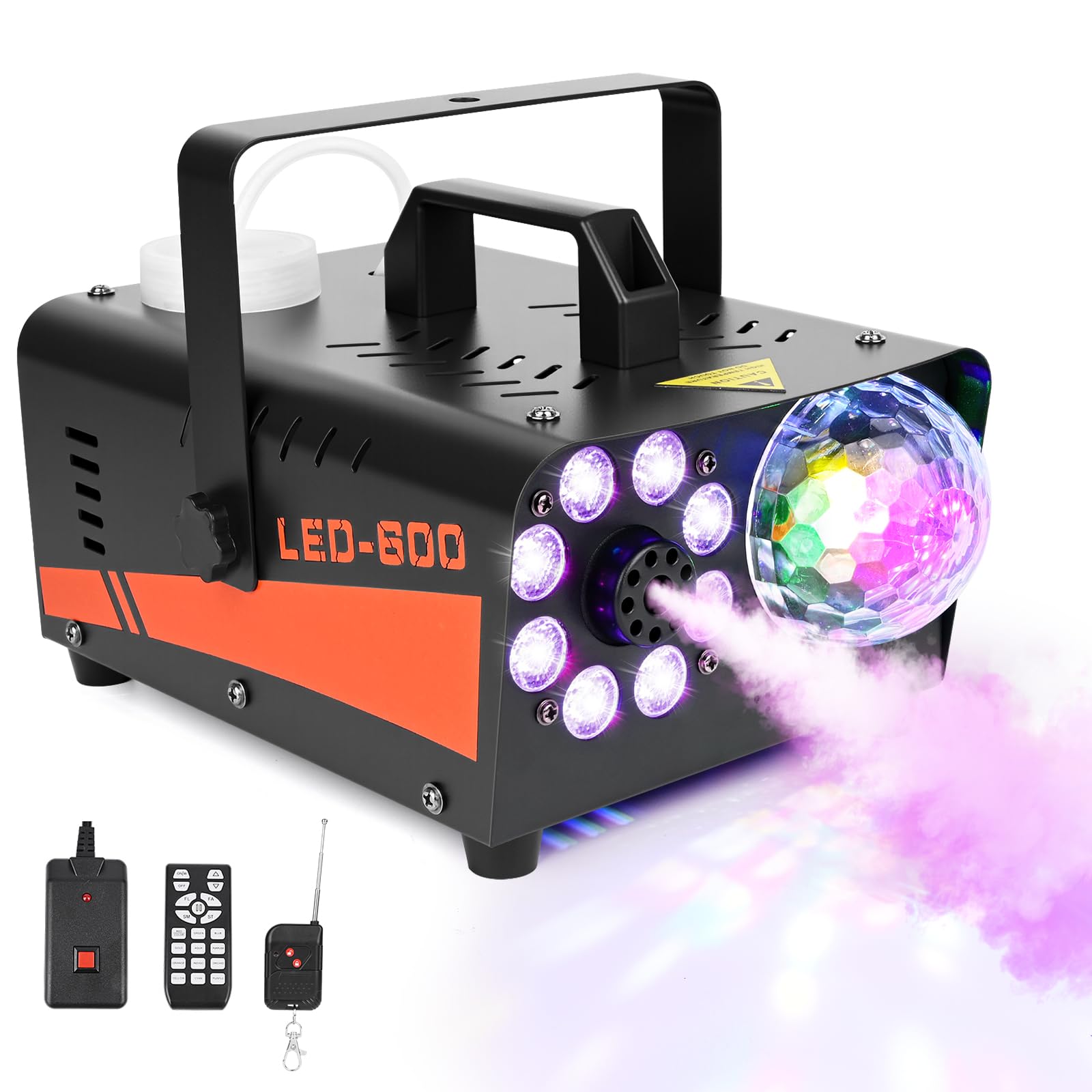 Máquina de Humo, GuKKK Mini Máquina de Humo de 600 W, Portátil Máquina de Humo con Remoto Inalámbrico, 8 LED 13 Colores RGB, para Fiestas de DJ,Presentaciones en El Escenario y Halloween/Navidad