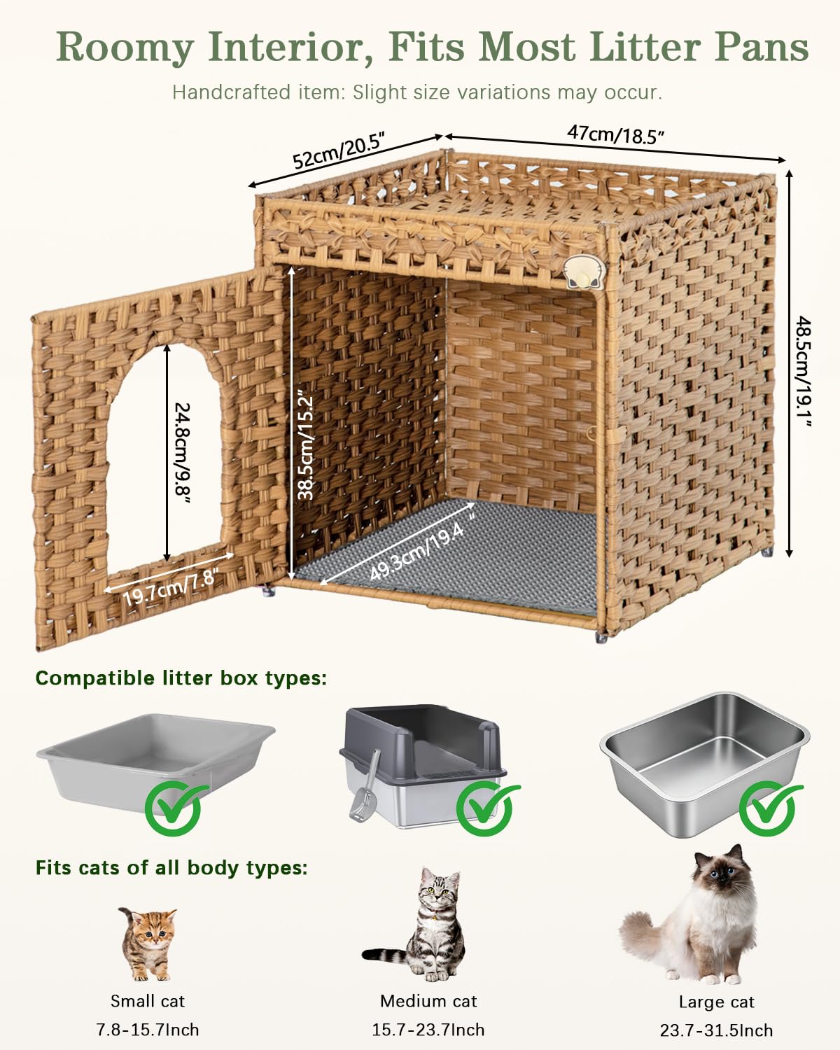 SETVSON Cat Litter Box Enclosure Furniture, Hidden Litter Box with Mat and Fence, Handwoven Rattan Cat House with Two S-Shaped Hooks for Living Room, Bedroom, 18.5 x 20.5 x 19.1 Inches (Natural) - image 5