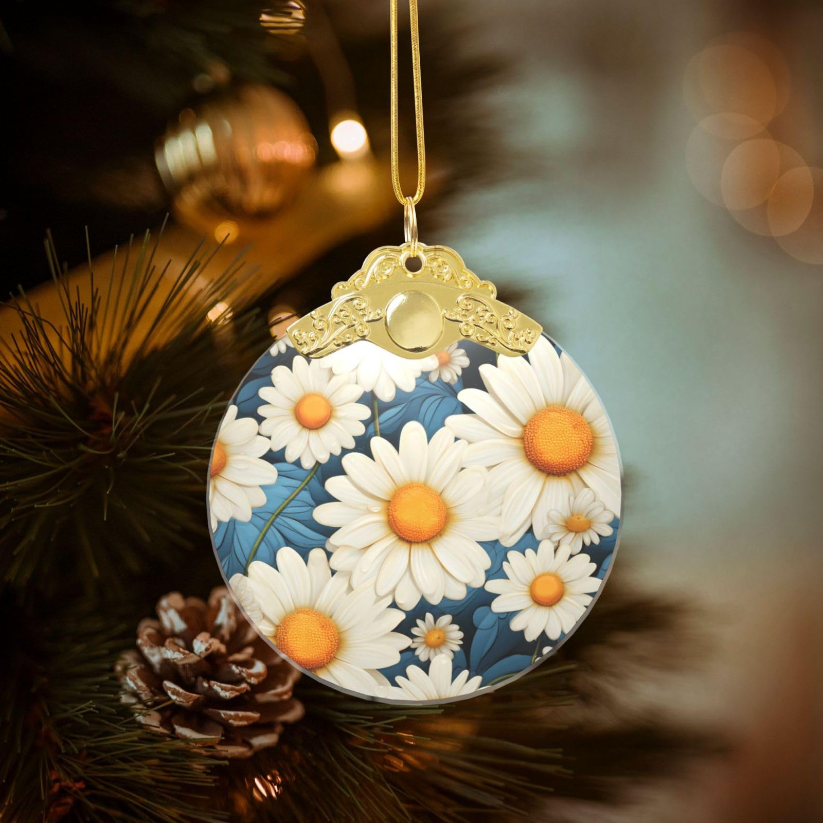 Crystal Christmas Ornaments for Christmas Tree Decoration Hanging Daisy Ornament with Gold Ribbon Crafts Round Pendant for Keepsake Gifts Glass Xmas Decor Party Supplies