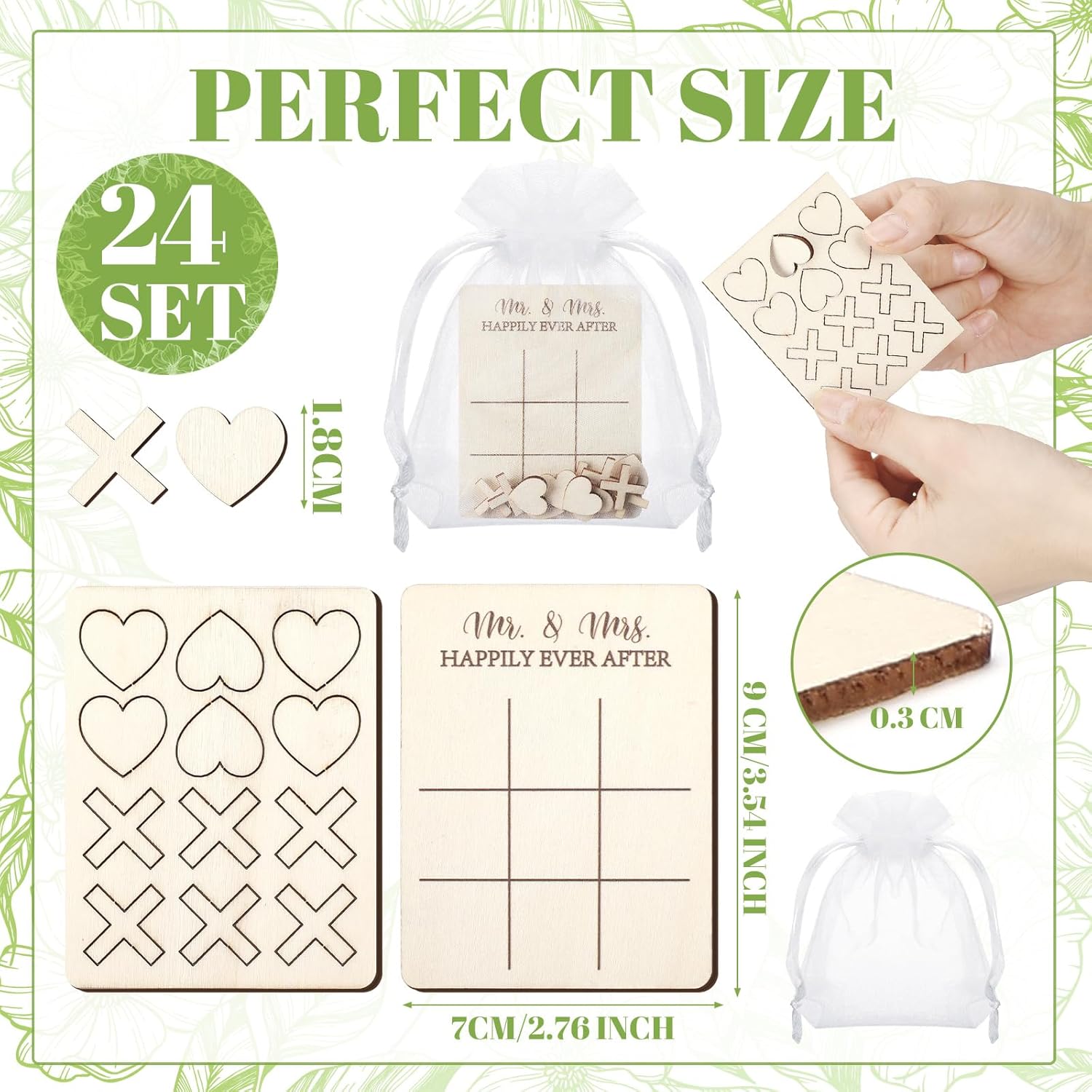 24 Set Wedding Favors Wedding Games for Guest Wooden Tic Tac Toe Mini Board Games with Organza Bags 3.54 x 2.76 Inches Mr and Mrs Happily Ever After for Guest Bridal Shower Party Favors