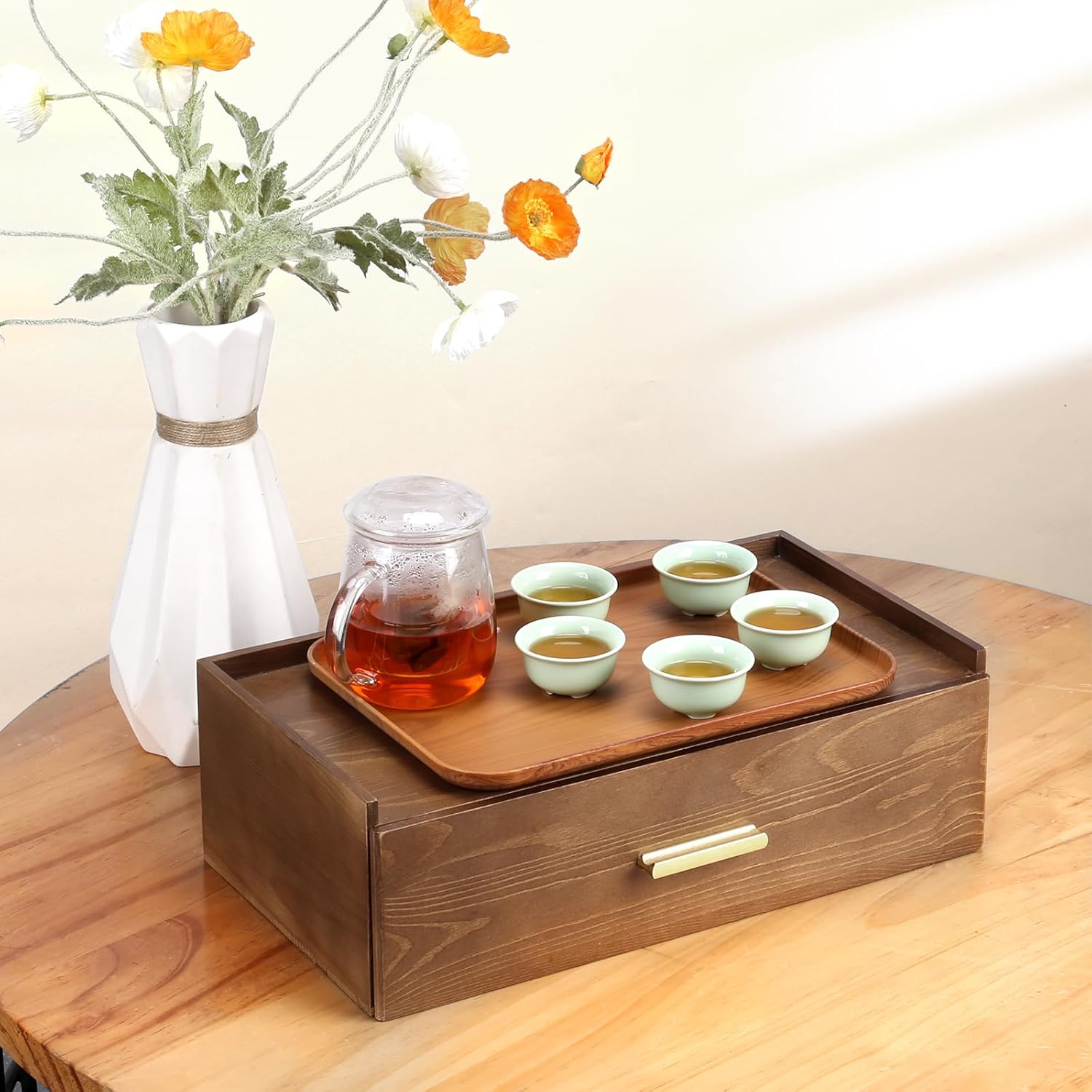 Five beautiful tea cups and tea trays are given as gifts. Tea bag organizer storage box, wood tea bag organizer, tea bag holder with drawer. (Small fish teacup set)