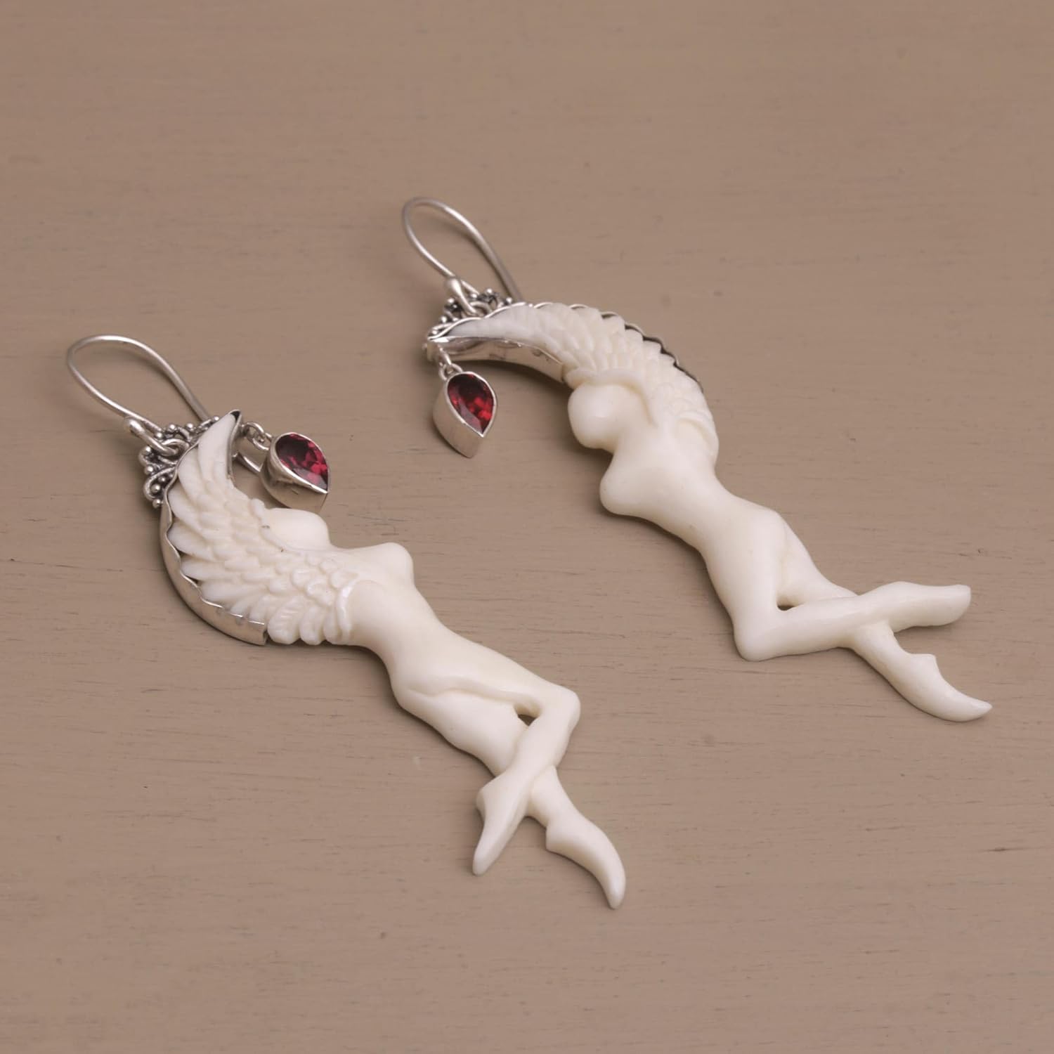 NOVICA Artisan Crafted Garnet Earrings | Bone Angel Dangle | French Wire | Cowbone | 925 sterling silver | French Wire | Hypoallergenic Jewelry | Lead & Nickel Free | ' Dancing Angels' 2.8" H x 0.7" W