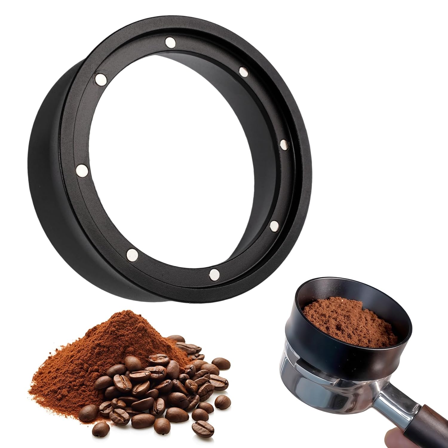 Pierścień dozujący 53 mm, czarny, magnetyczny lejek dozujący do espresso, wielokrotnego użytku, uchwyt na filtr do kawy do magnetycznego uchwytu na filtr, ze stopu aluminium