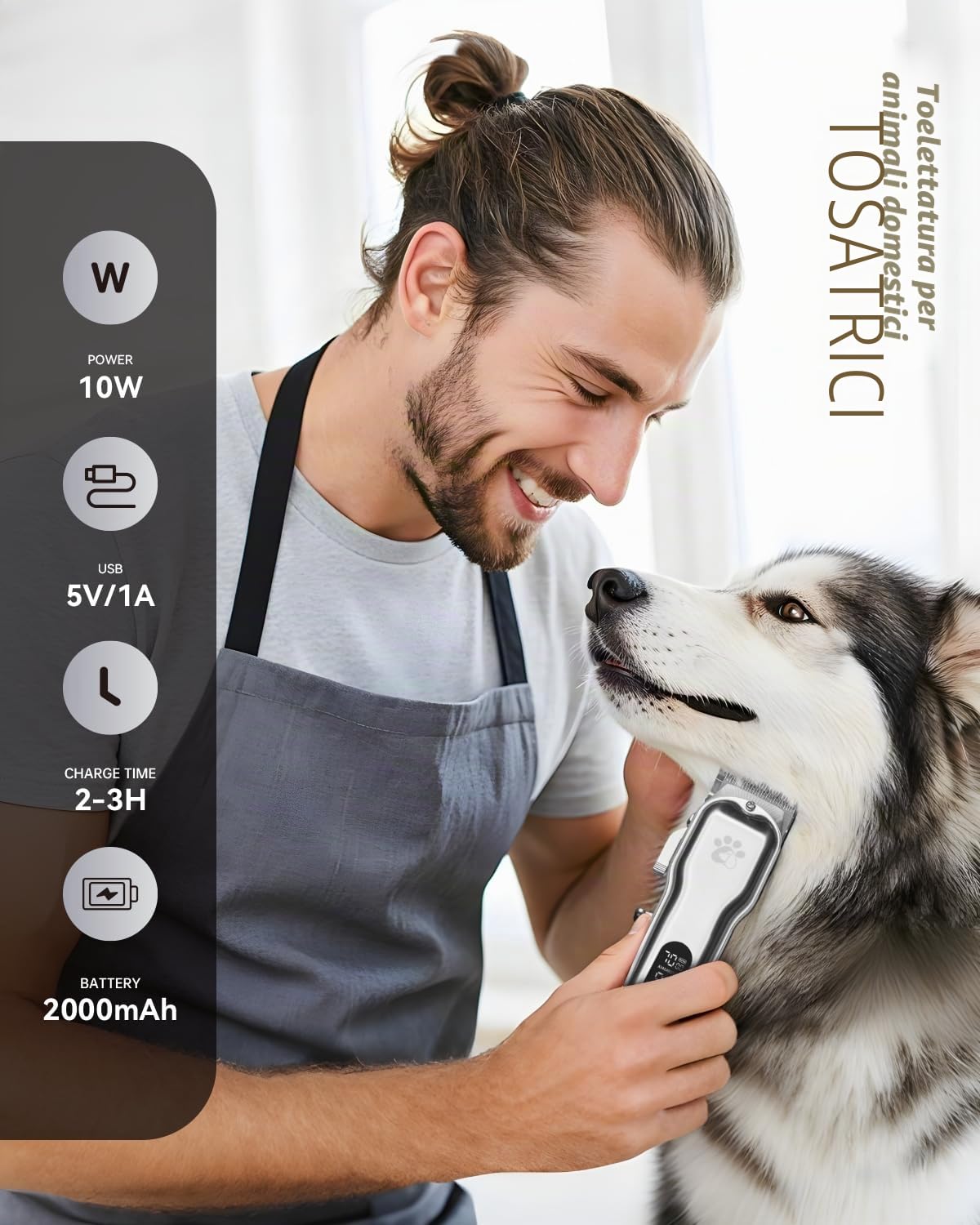 Tosatrice professionale per cani per capelli spessi, corpo interamente in metallo, lama in ceramica nera, display a LED, kit per toelettatura cani senza fili ricaricabile a basso rumore