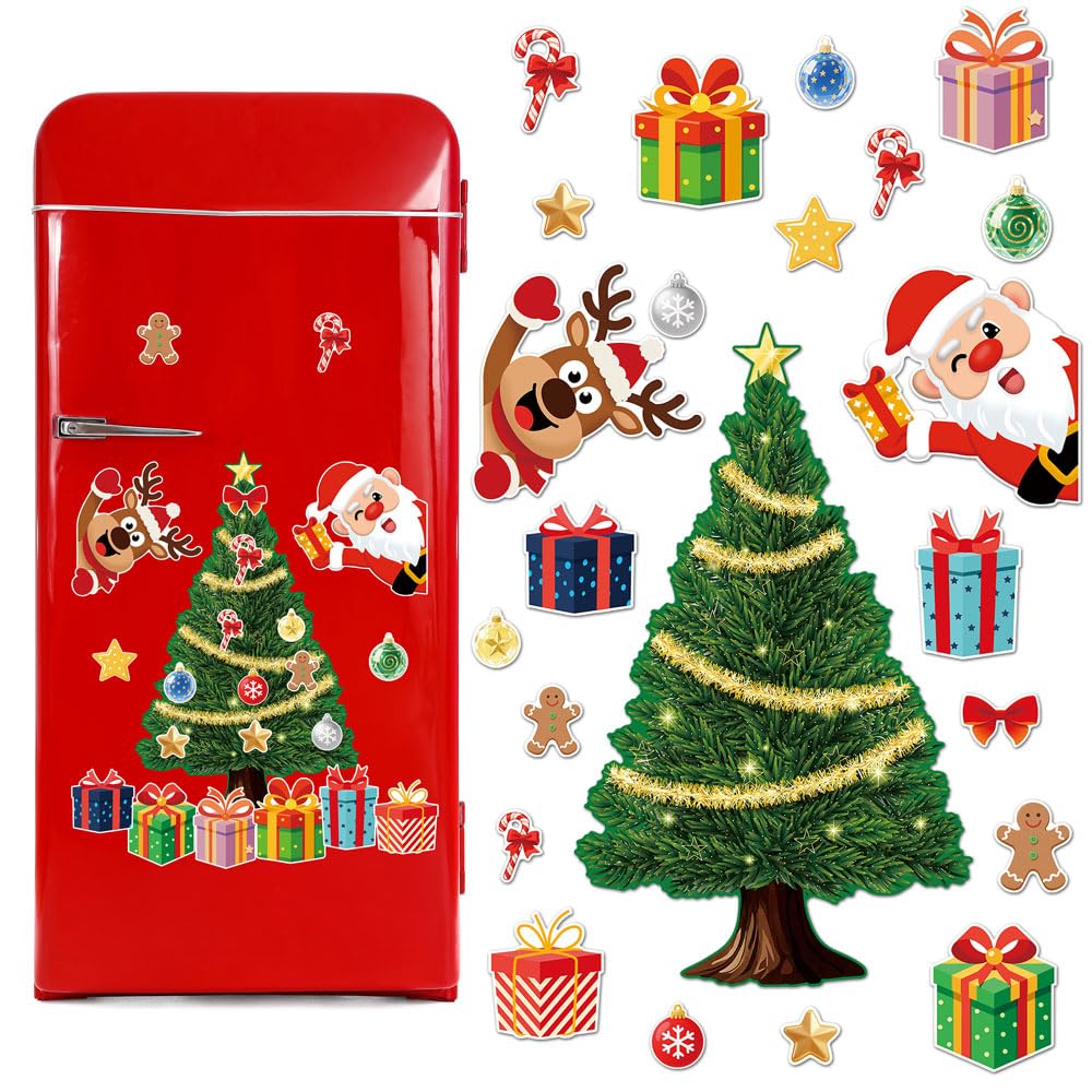 Christmas Fridge Magnet,Christmas Tree Decoration Magnetic Stickers,Elk Santa Claus Refrigerator Magnets Decor,Christmas Refrigerator Magnets, for Garage Door Car (D)