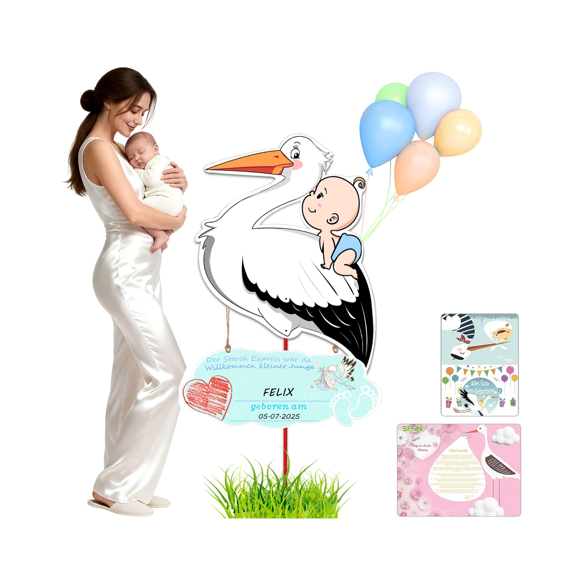 158cm Große Geburtsanzeigen mit rasselndem Storch für den Außenbereich, niedliches Geburts-Set mit rasselndem Storch, Willkommensdekoration für Zuhause, doppelseitiger Druck (Blau)