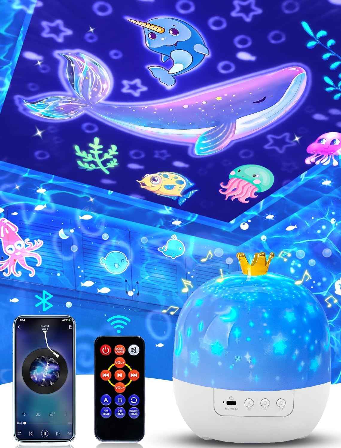 21 juegos de películas, luz nocturna para dormitorio de niños, techo, control remoto y altavoz Bluetooth, luz nocturna para bebé, proyector de