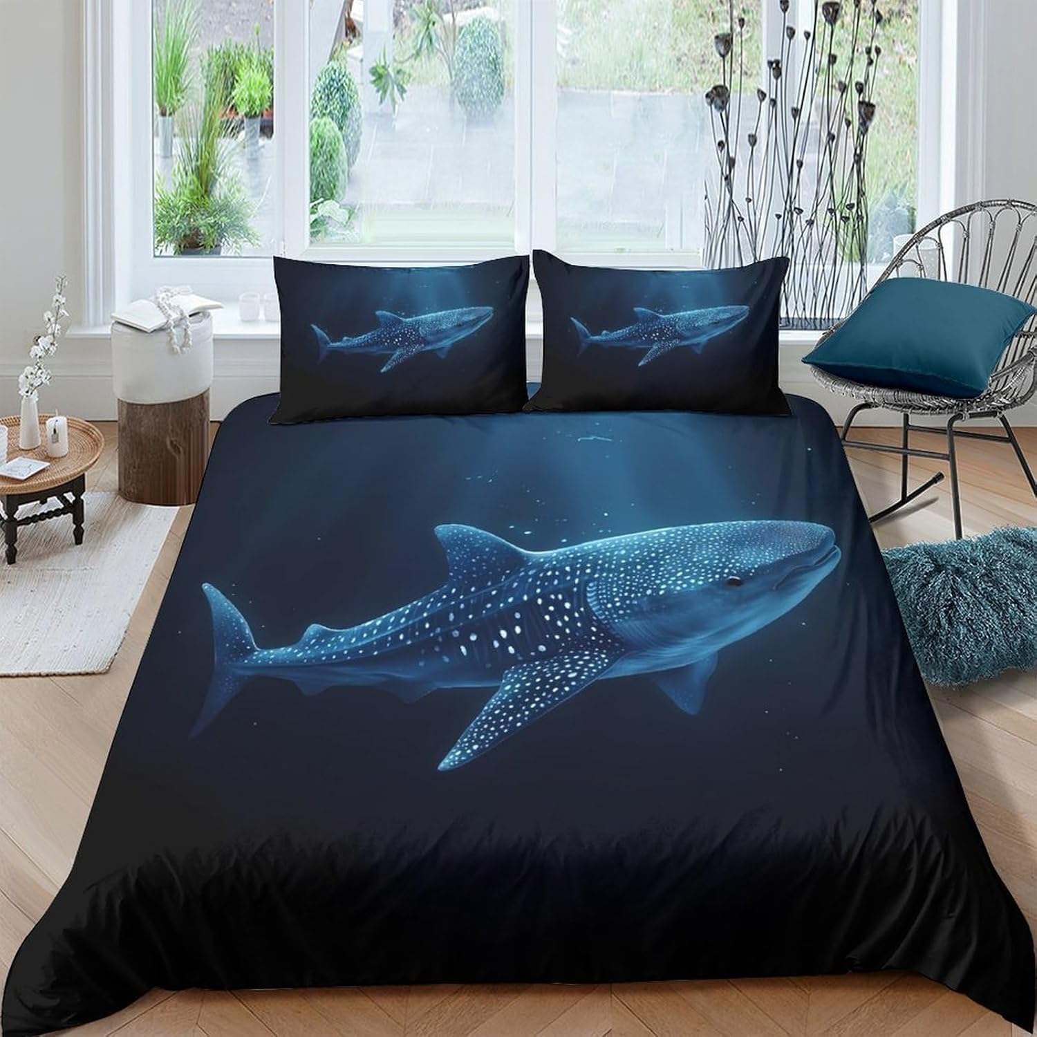 Parure de lit 3 pièces requin-baleine 160x200 cm zippée facile à laver