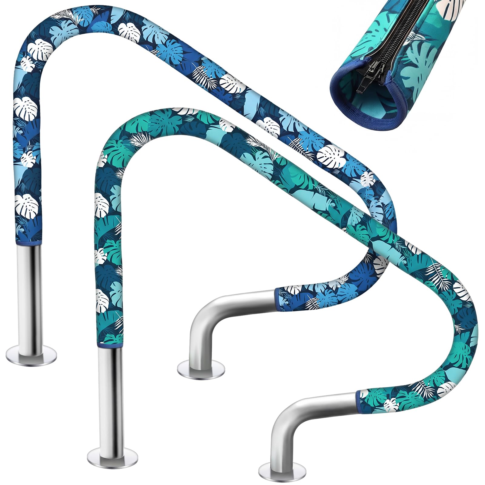 Junkin 2 Pcs 6ft Pool Handrail Covers Monstera Leaf and Zip Style Slip Resistant Rail Covers for Swimming Pool Hand Railing