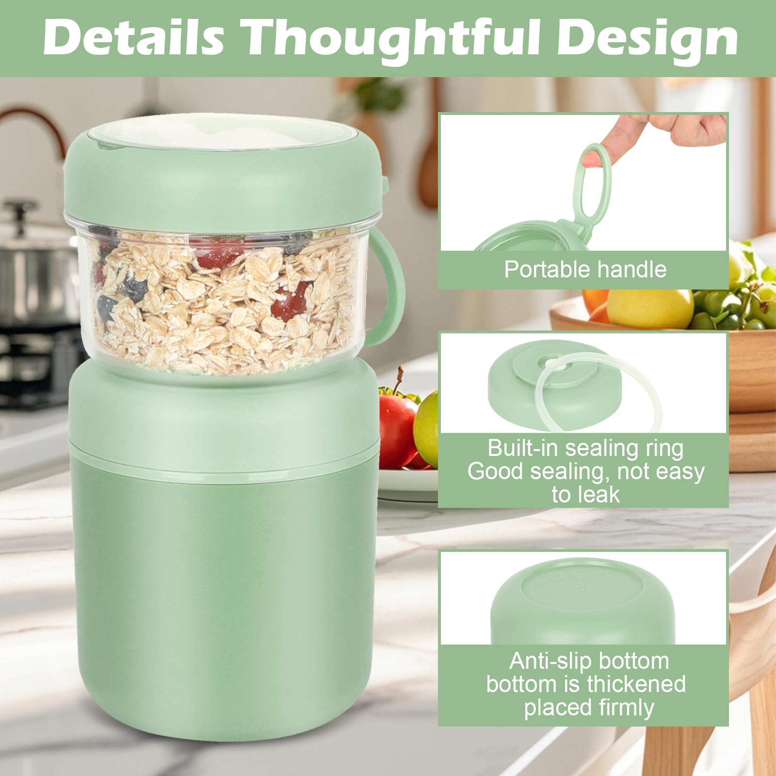Grande Contenitore in Acciaio Inox per Cereali da Asporto, Tazza per Yogurt 530 ml + 330 ml Contenitore Porta Cereali Anti-Perdita Porta Pranzo Tazza per Yogurt Insalata Riso Avena (Verde)