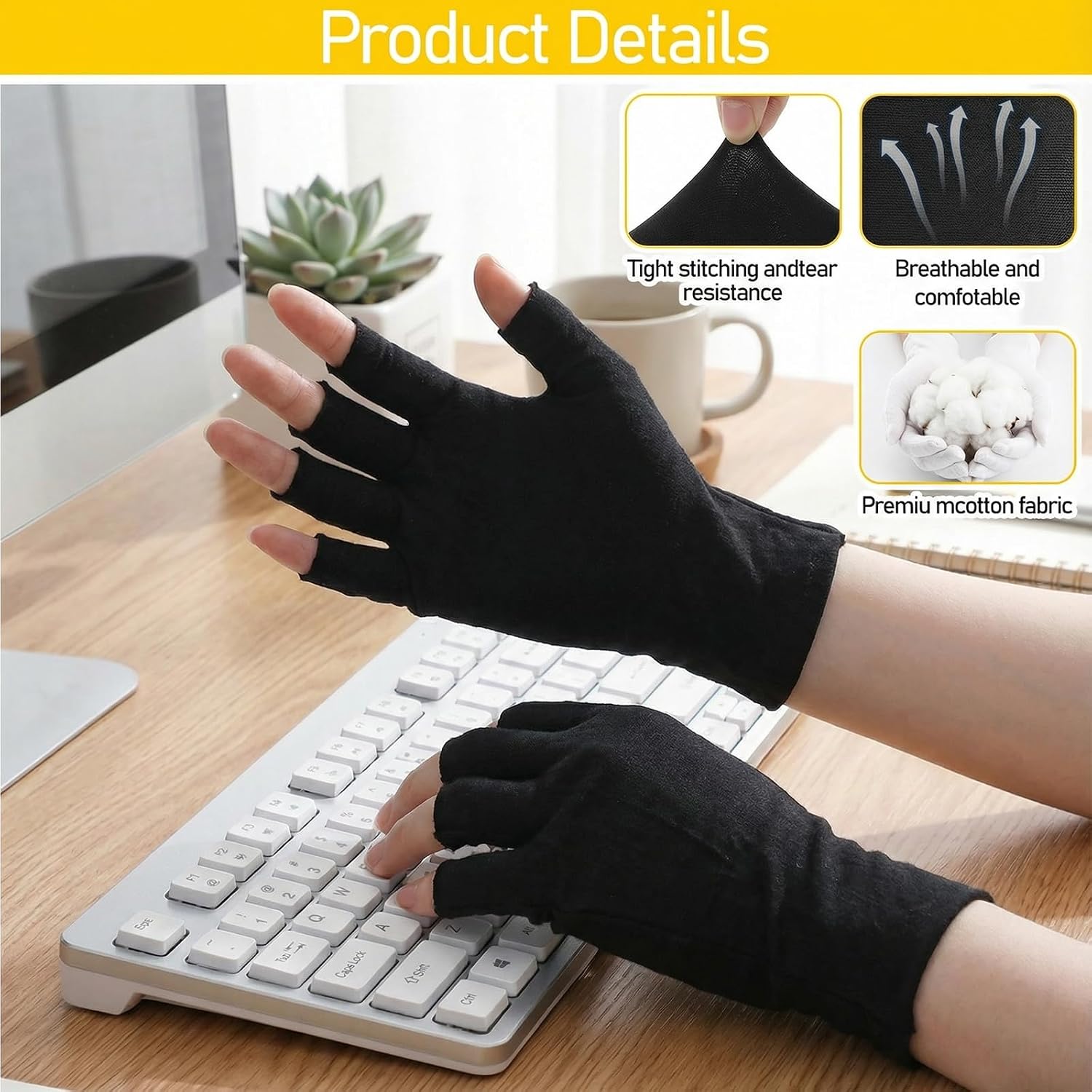 6 Pairs Cotton Gloves for Dry Hands Sleeping, Fingerless Sleep Gloves for Moisturizing and Comfort(Black)