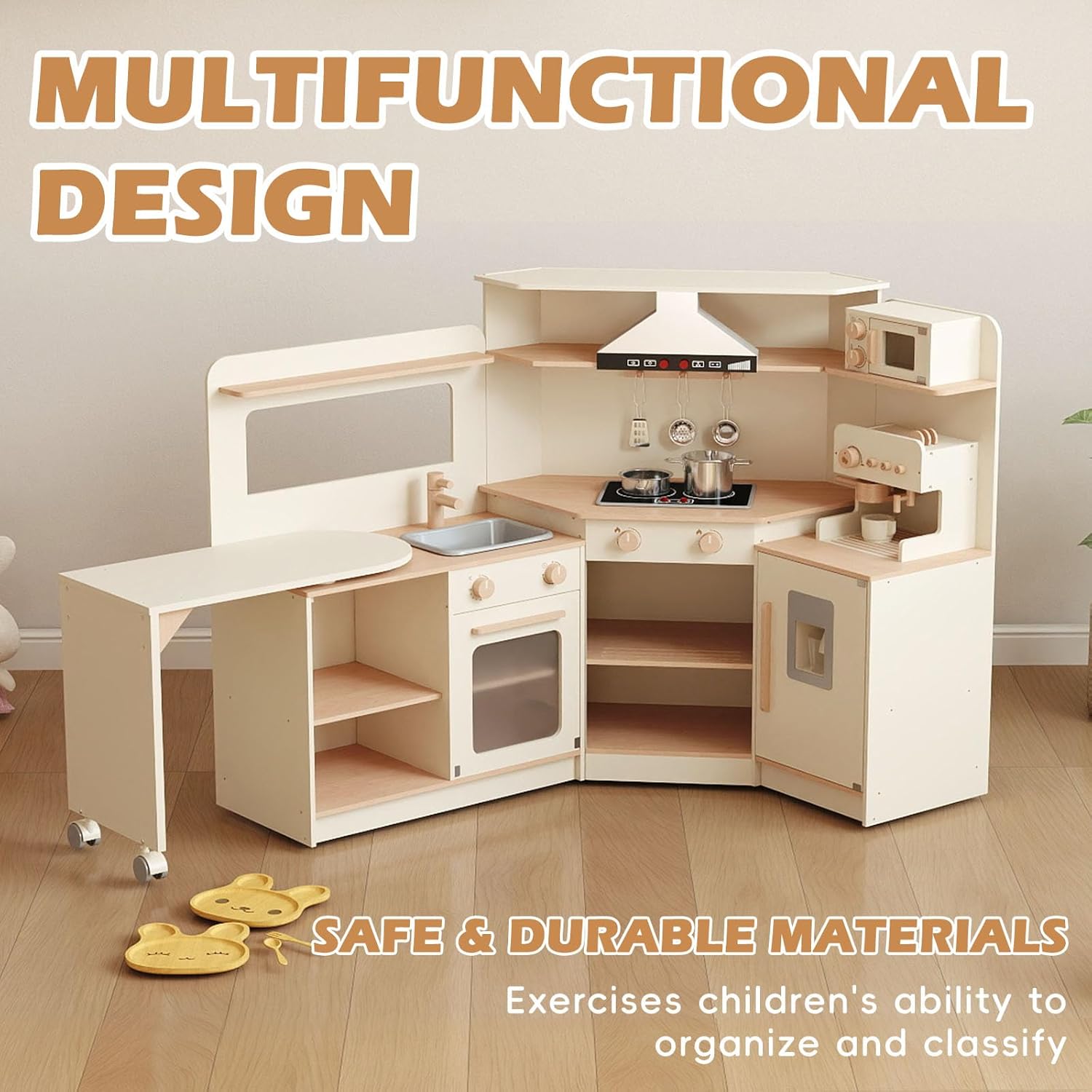 Asweets Play Kitchen for Kids, Wooden Kitchen Playset for Toddlers with Range Hood, Coffee Maker, Oven, Ice Maker, Kids Pretend Kitchen Gift for Boys Girls, 55.9''L x 11.8''W x 35''H Light Brown 55.9''L x 11.8''W x 35.0''H image 3 of 9 B0DBGTNSS6