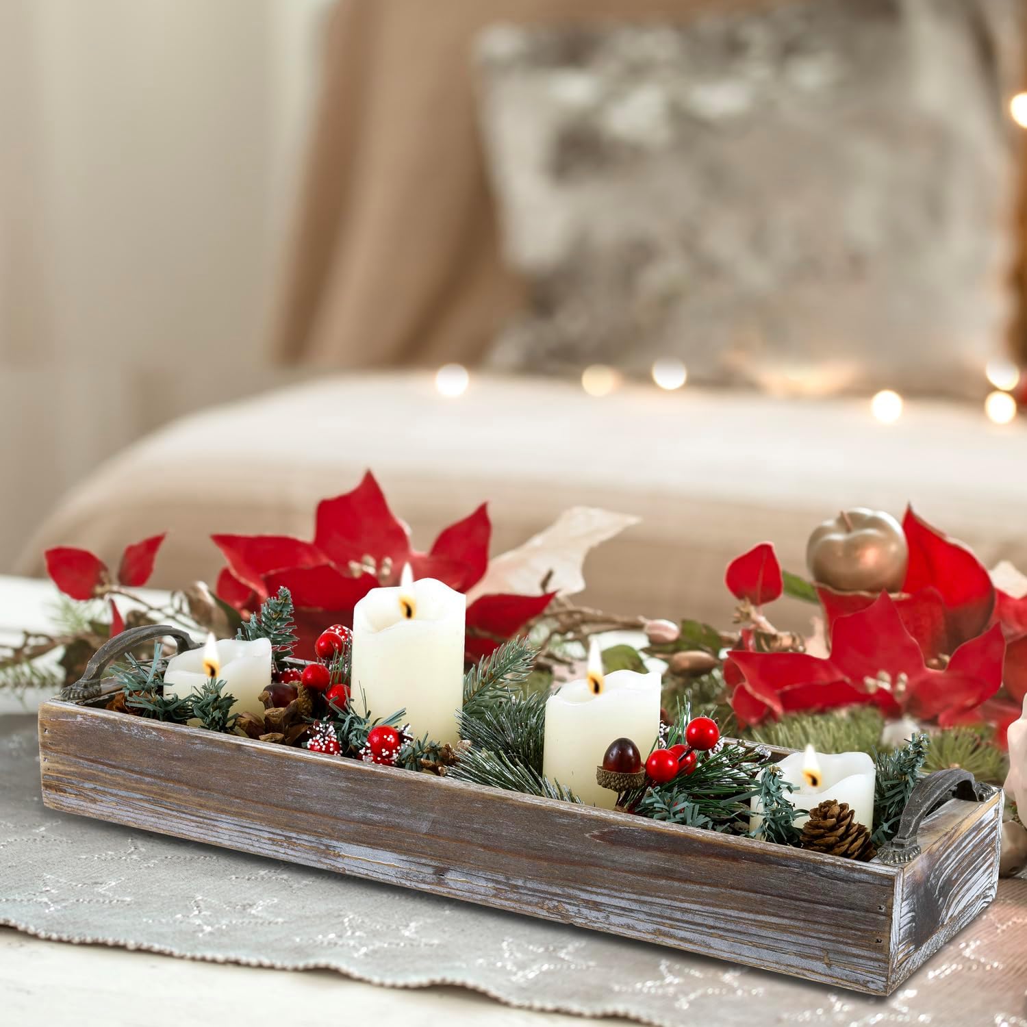 MyGift 16 Inch Rustic Torched Solid Wood Butler Tray with Decorative Antique Metal Handles, Holiday Dining Table Centerpiece, Christmas Dinner Home Decor