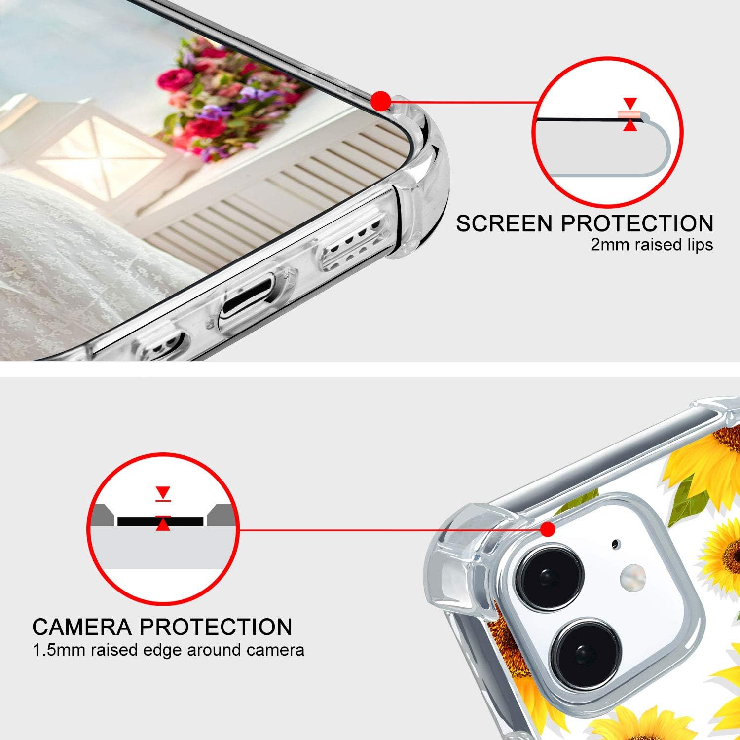 hepix Floral Case Compatible with iPhone 12 Mini 5.4 inch 2020, Sunflowers Yellow Flower Design Case for Women, Clear Soft TPU Stylish Cute Slim Raised Lips Anti-Scratch Shockproof Protective Case