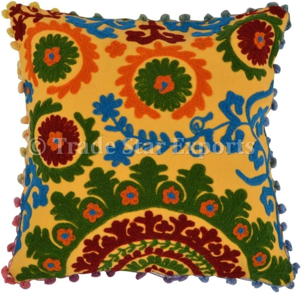 Trade Star Beautiful Embroidered Pom Pom Cushion Cover 100% Cotton Spring Pillow Cover Breathable Cushion Case Fall Decor Decorative Handmade 16x16 Inches Modern Sofa Throw Pillow Cover (Pattern -2)