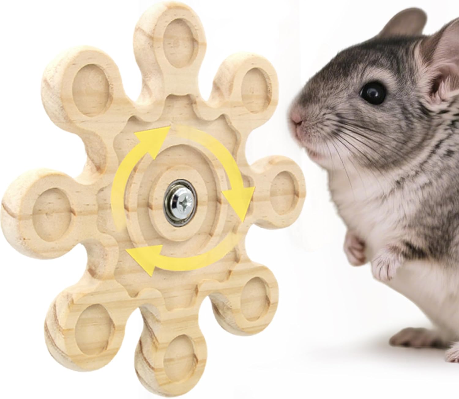 Rotating Natural Wood Chinchilla Chew Toys for Teeth, Interactive Enrichment Toys, Hanging Exercise Chinchilla Toys for Cage for Playtime, Spinner Cage Accessories Wheel