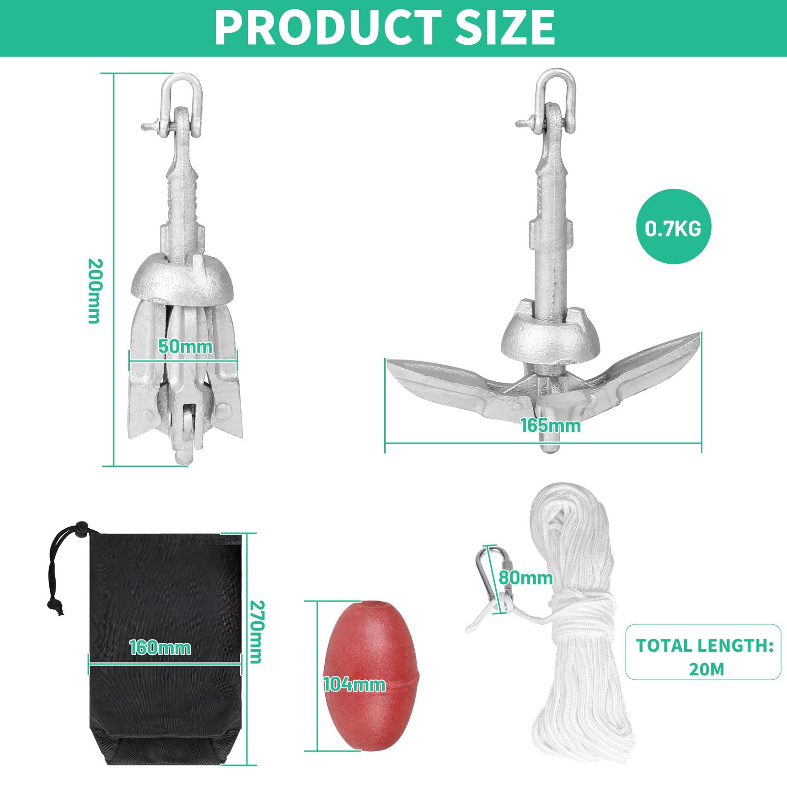 SWAWIS Anker Boot Bootsanker 0,7 kg Bootszubehör Klappanker Sup Anker mit 20M Ankerleine Bojenkugel und Aufbewahrungstasche für Kajaks, Kanus und Jetskis
