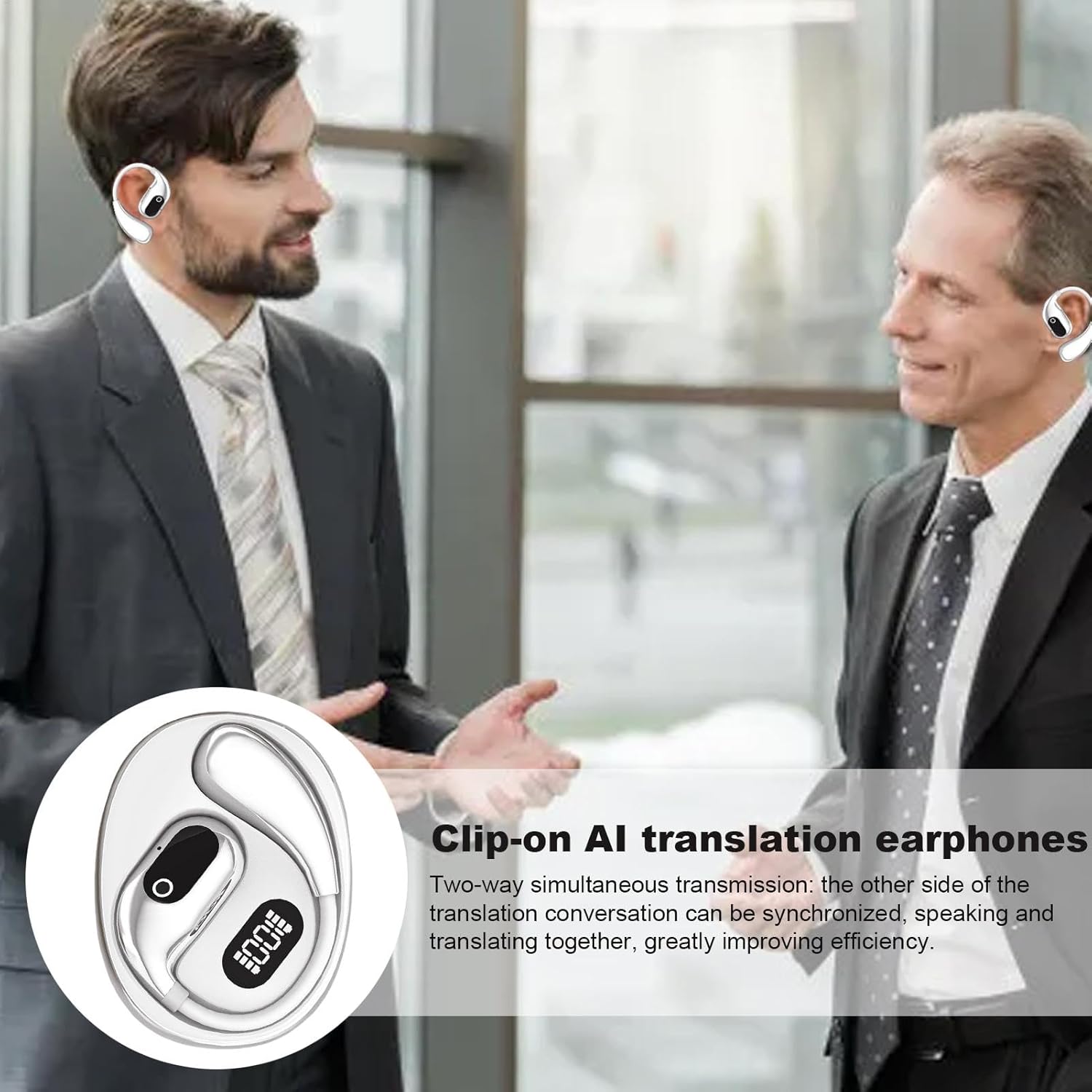 Two people conversing with Xg99 translation earbuds, illustrating two-way simultaneous transmission.