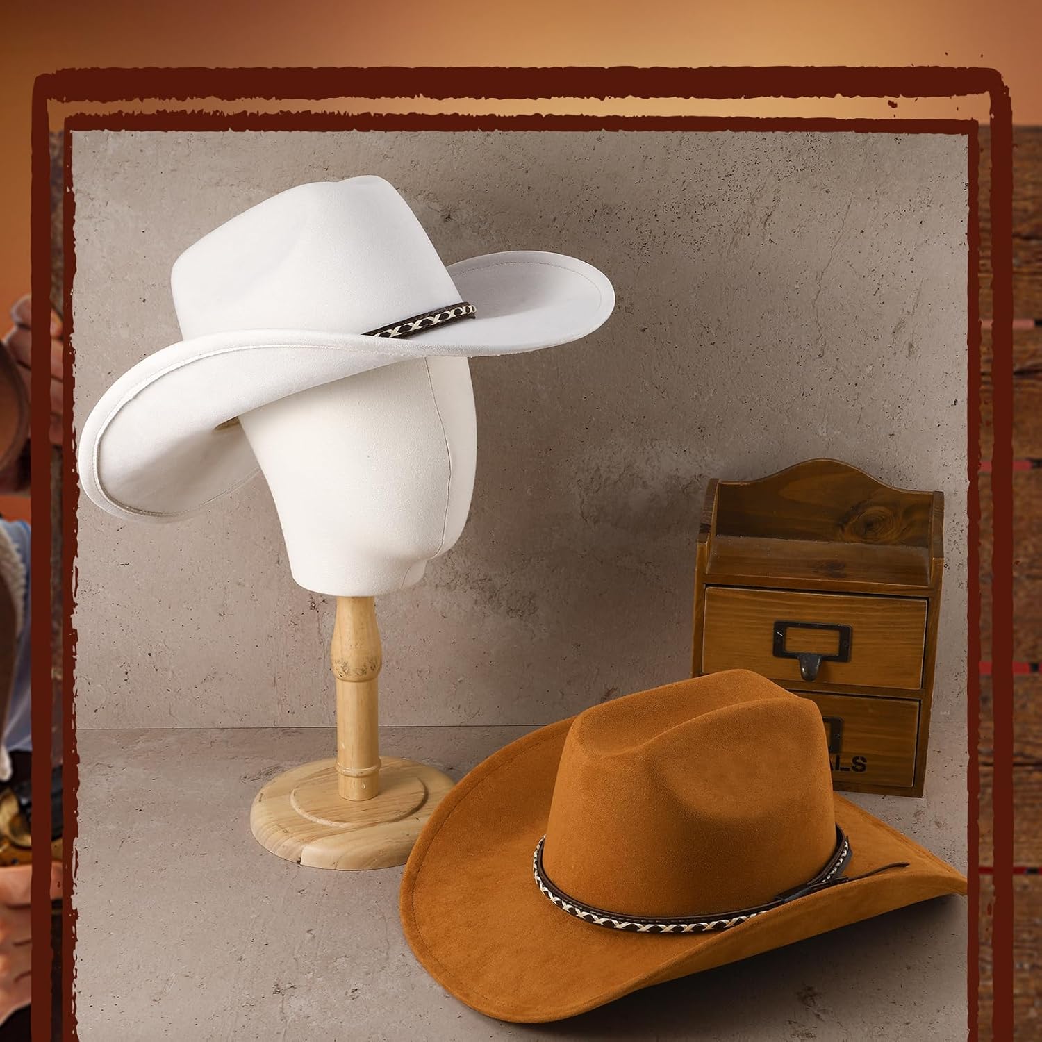 2 Pack Suede Cowboy Hat for Men Women Western Wide Brim Cowgirl Hat Set with Braided Band for Costume Party Concert Outdoor