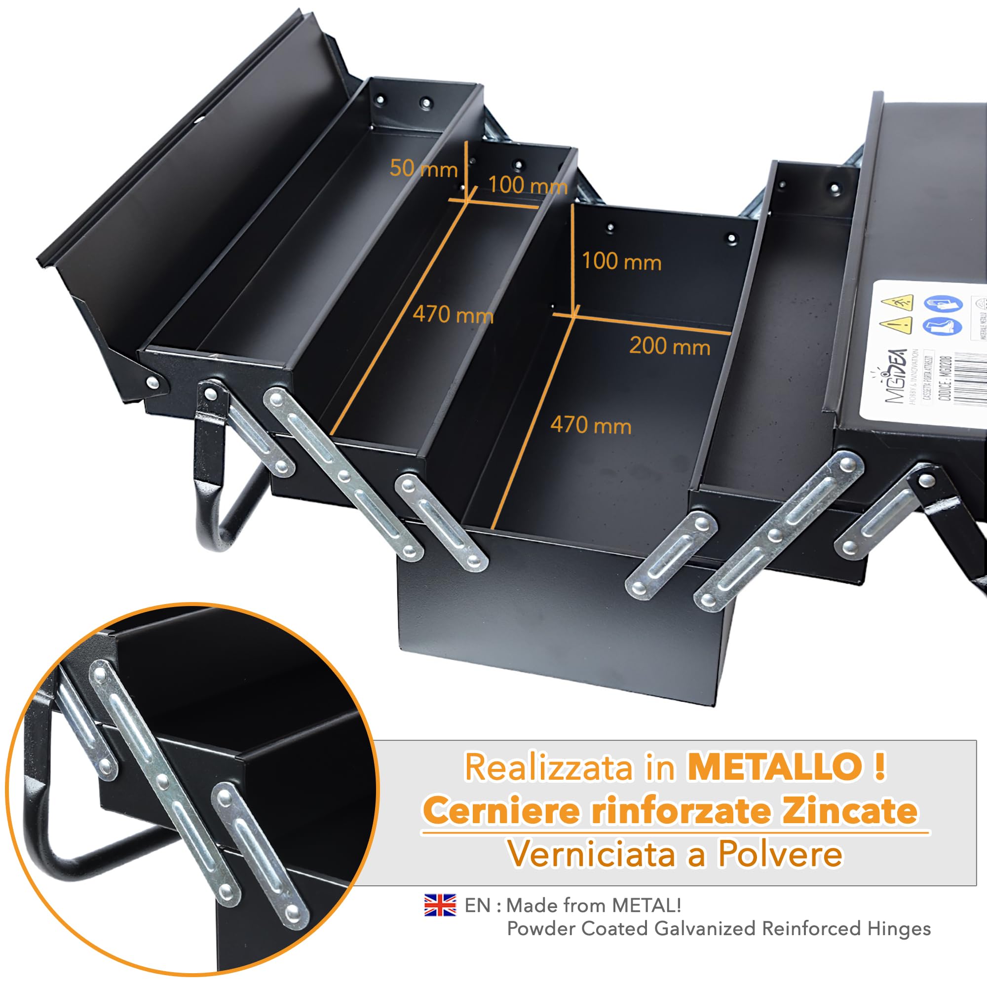 CASSETTA ATTREZZI PORTA UTENSILI METALLO VALIGETTA LAVORO 5 SCOMPARTI ACCIAIO NERO OPACO PROFESSIONALE 470 X 300 X 200 MM X
