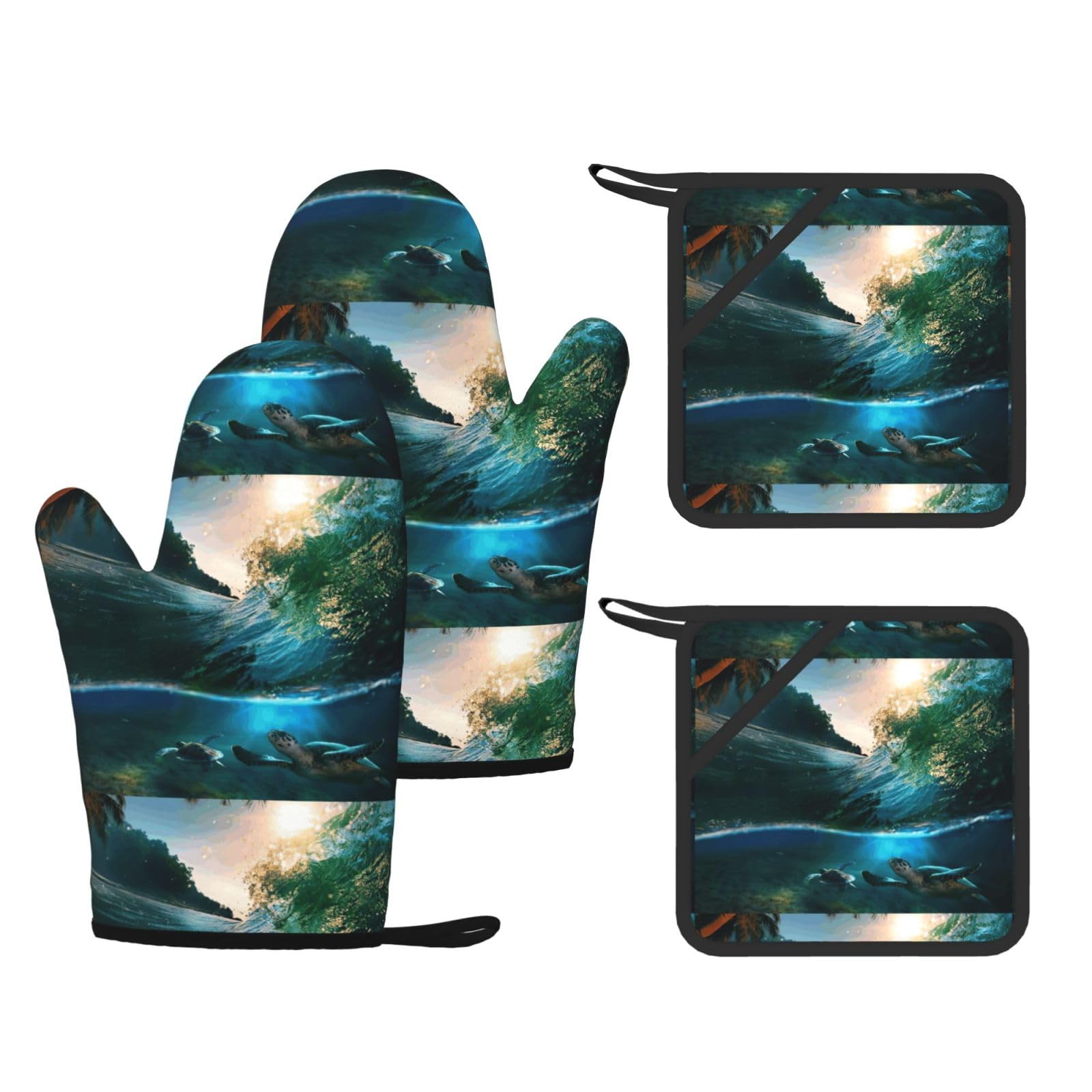 Palm Trees and Sea Turtles Diving Underwater Printed Cooking Mitts and Pot Holders 4 Pcs, Heat Resistant Oven Gloves with Hanging Loop Chef