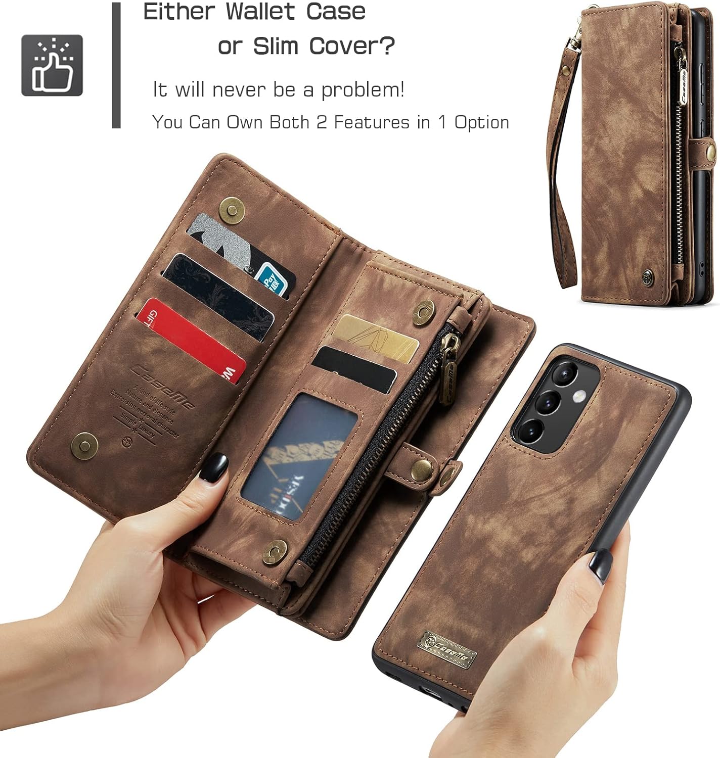 Case for Samsung Galaxy A54 5G 2023,Genuine Leather Wallet Detachable Magnetic Cell Phone Cover Wireless Charge Zipper Purse RFID Blocking Card Slot Holster for Galaxy A54 6.4 inch (Brown)