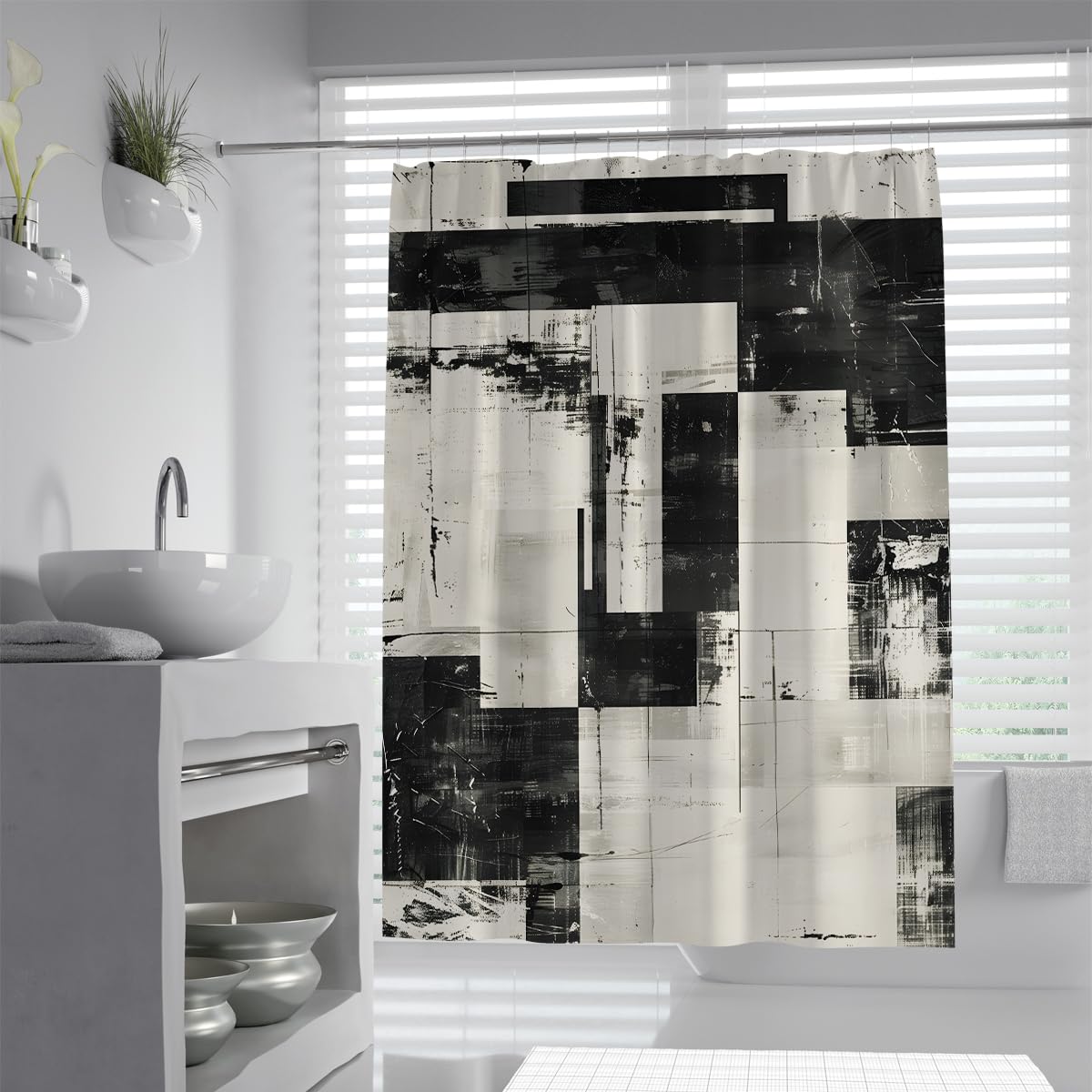 UIRINGART Abstract Grunge Bath Drapery W180xL200cm Monochrome Black White Ink Splatter Texture Fabric Shower Curtains Water Repellent Anti Mould Washable Polyester Tub Screen with Hooks