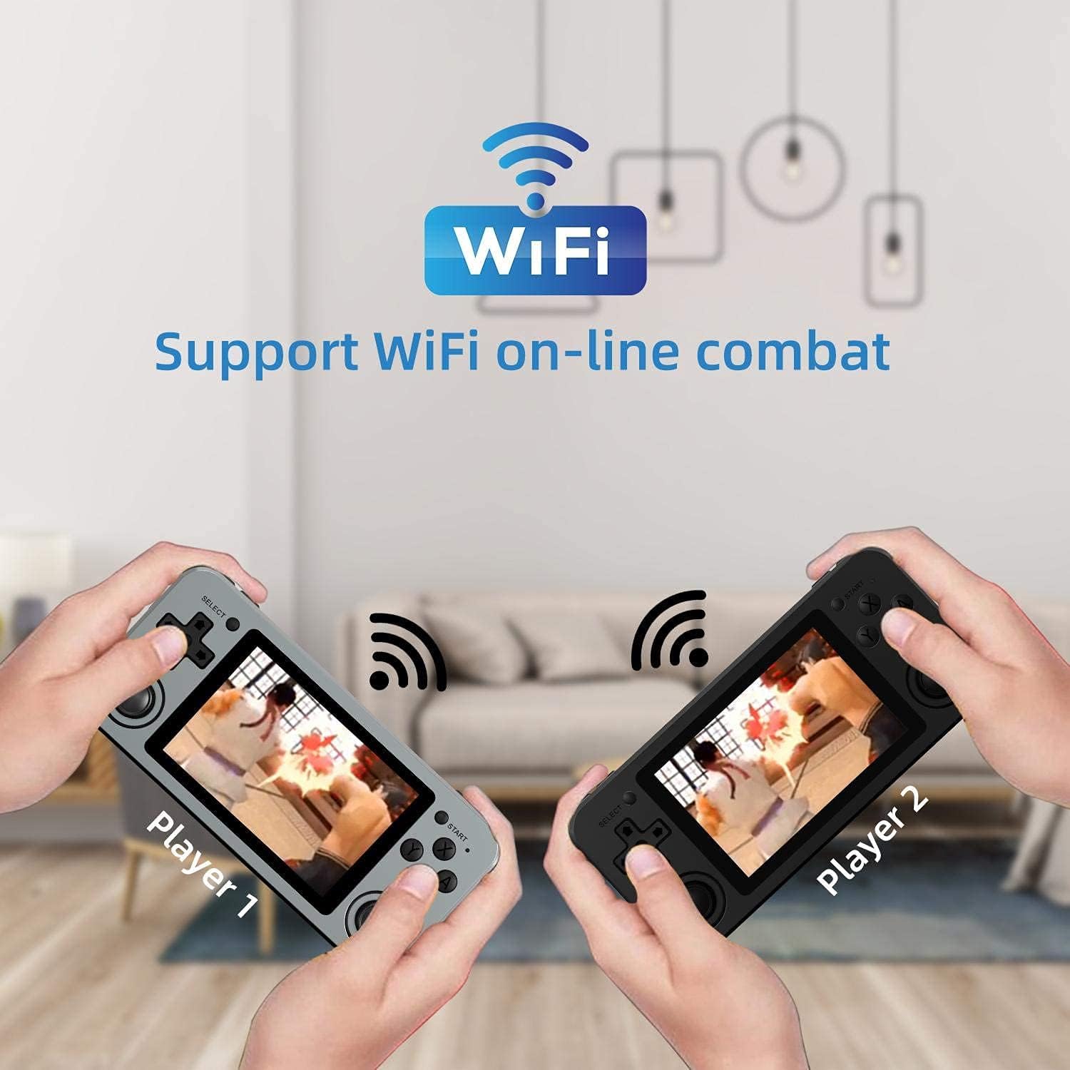 Two ANBERNIC RG351M consoles demonstrating WiFi online combat