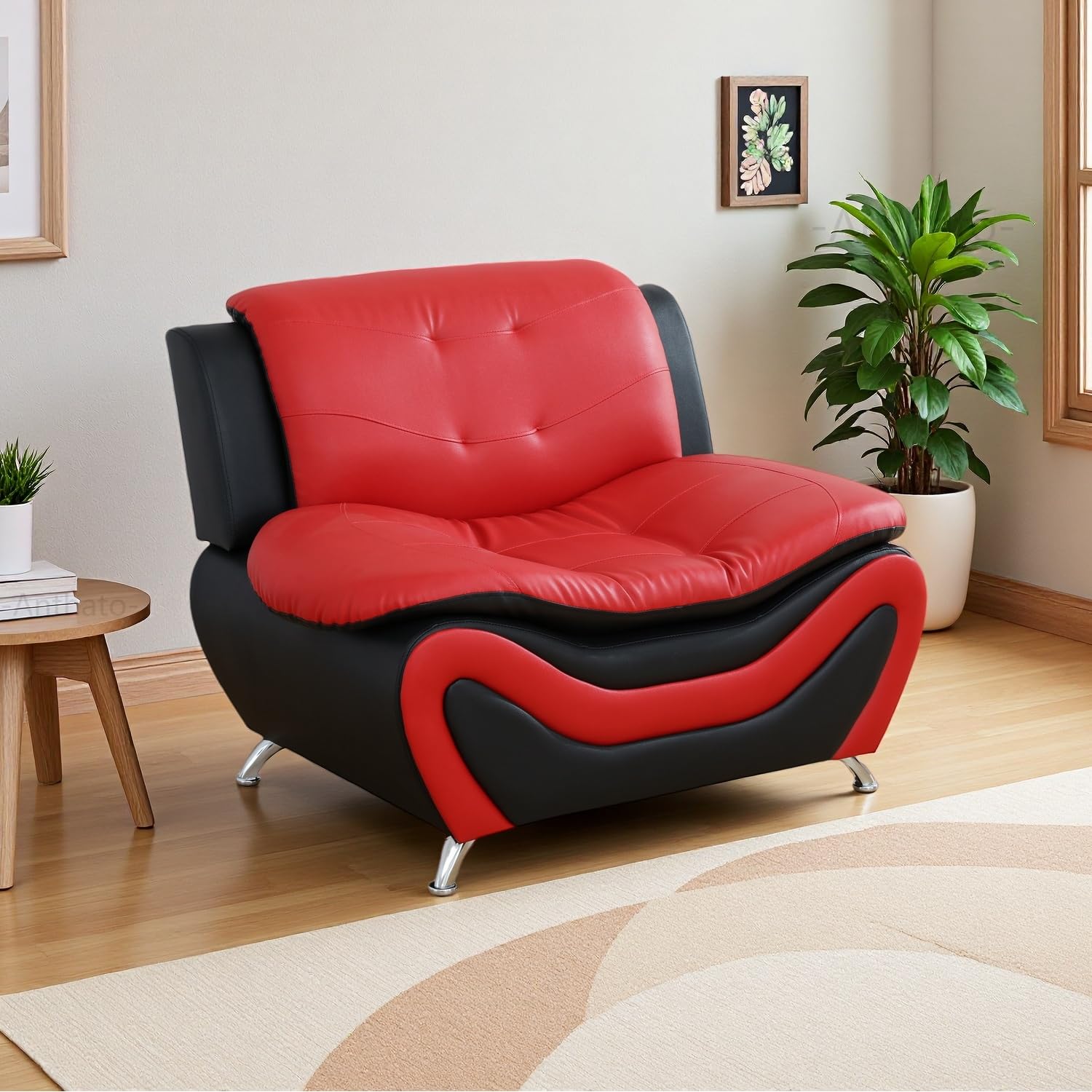 Leather Armchair for Living Room Furniture Set, Reading Accent Chairs, Single Sofa Chair with Metal Legs for Living Room/Office/Bedroom, Black & Red