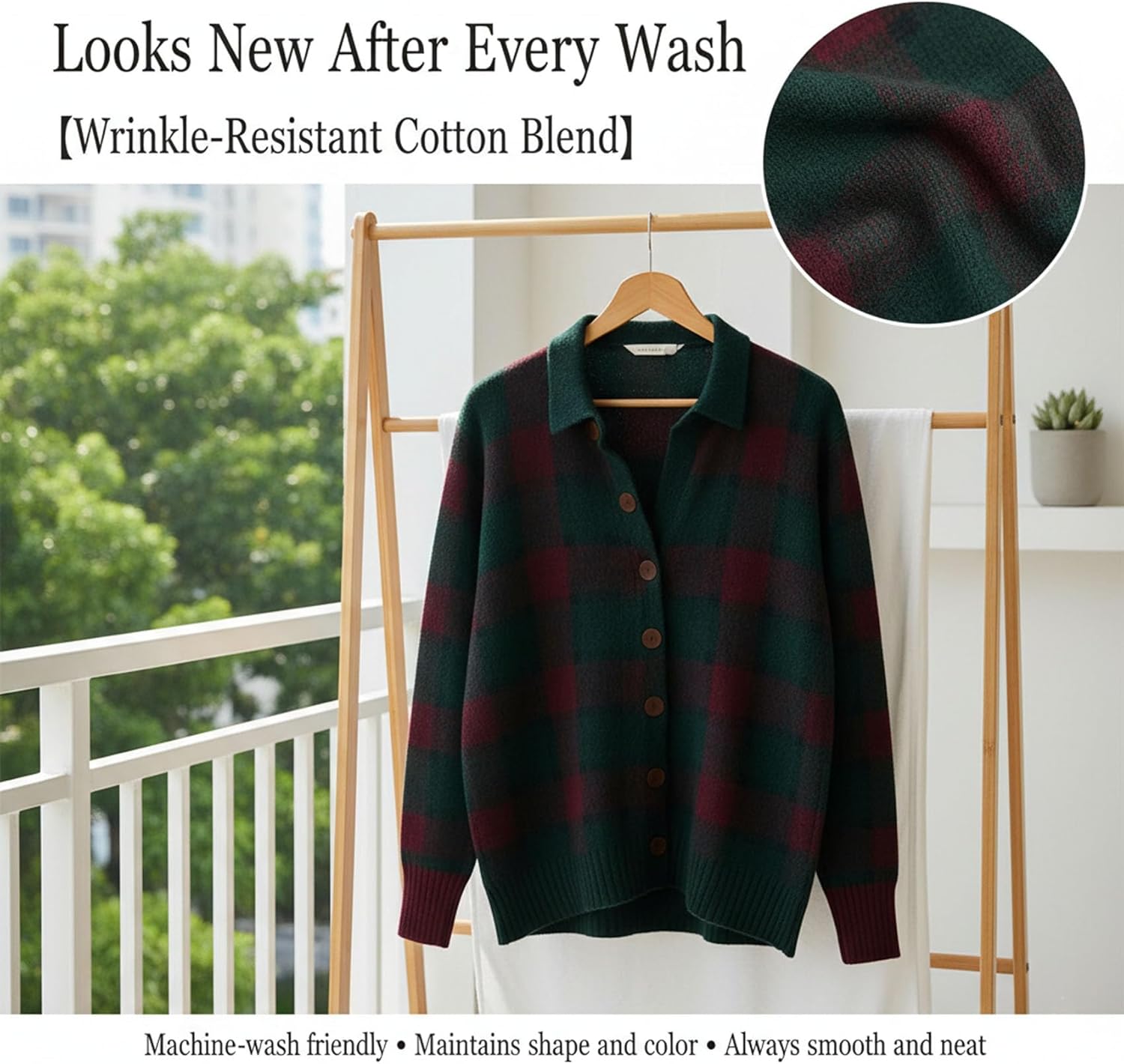 Women's Plaid Print Casual Cotton Buttoned Cardigan Sweater, Cropped Plaid Cardigan Sweaters for Women - Image 3