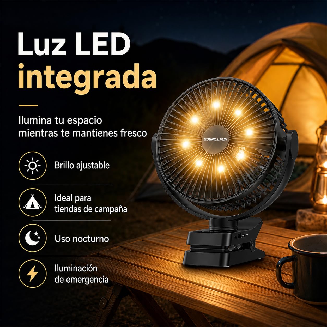 Ventilador de clip de 8,3 pulgadas con batería de 12000 mAh e indicador de nivel de batería, ventilador USB recargable con luz LED, 5 velocidades, temporizador, ventilador de batería para oficina