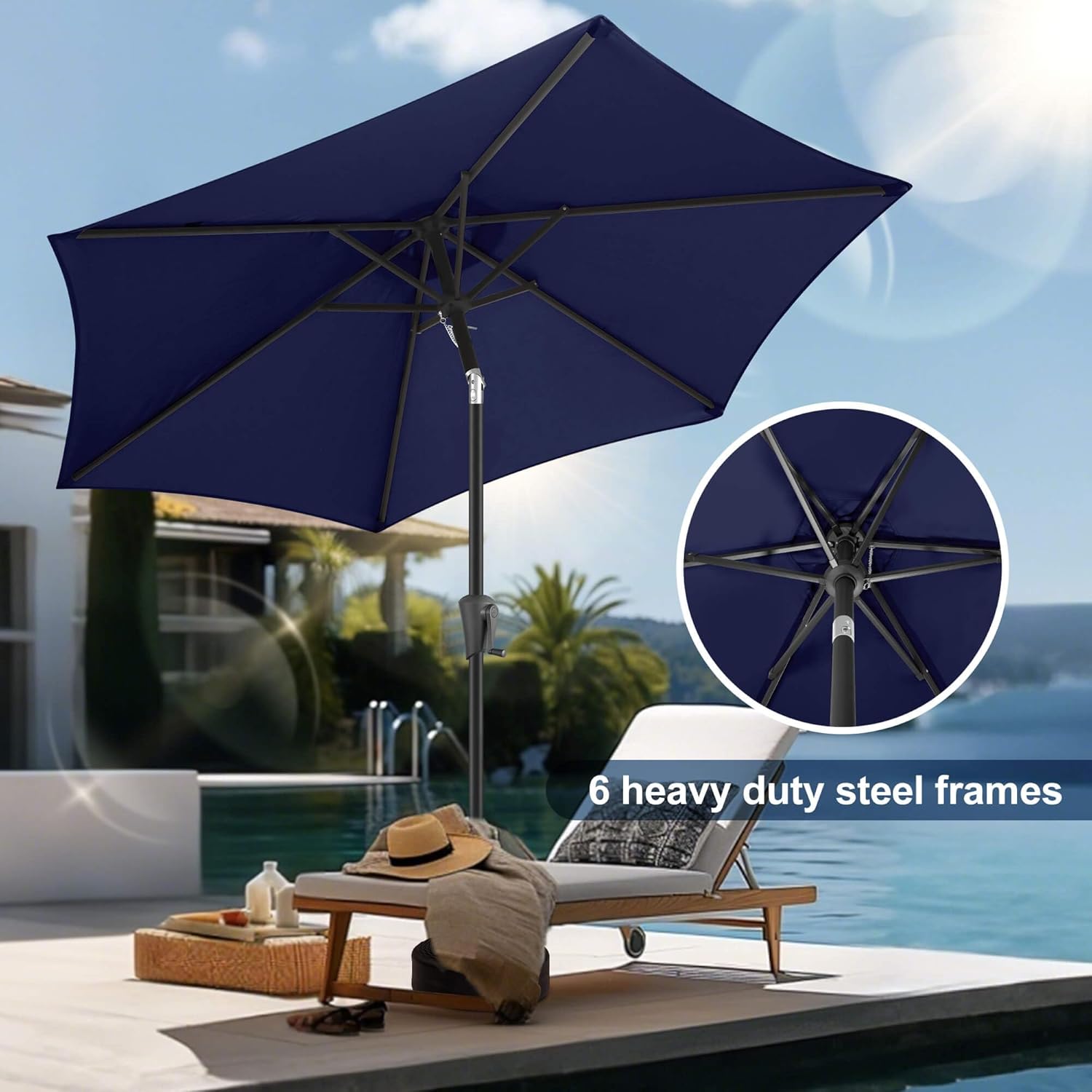 FLAME&SHADE 7.5ft Patio Umbrella - Outdoor Umbrella with Push Button Tilt and Crank for UV Protection, Table Market Umbrella for Garden, Deck, Backyard, Pool and Beach(Navy Blue)