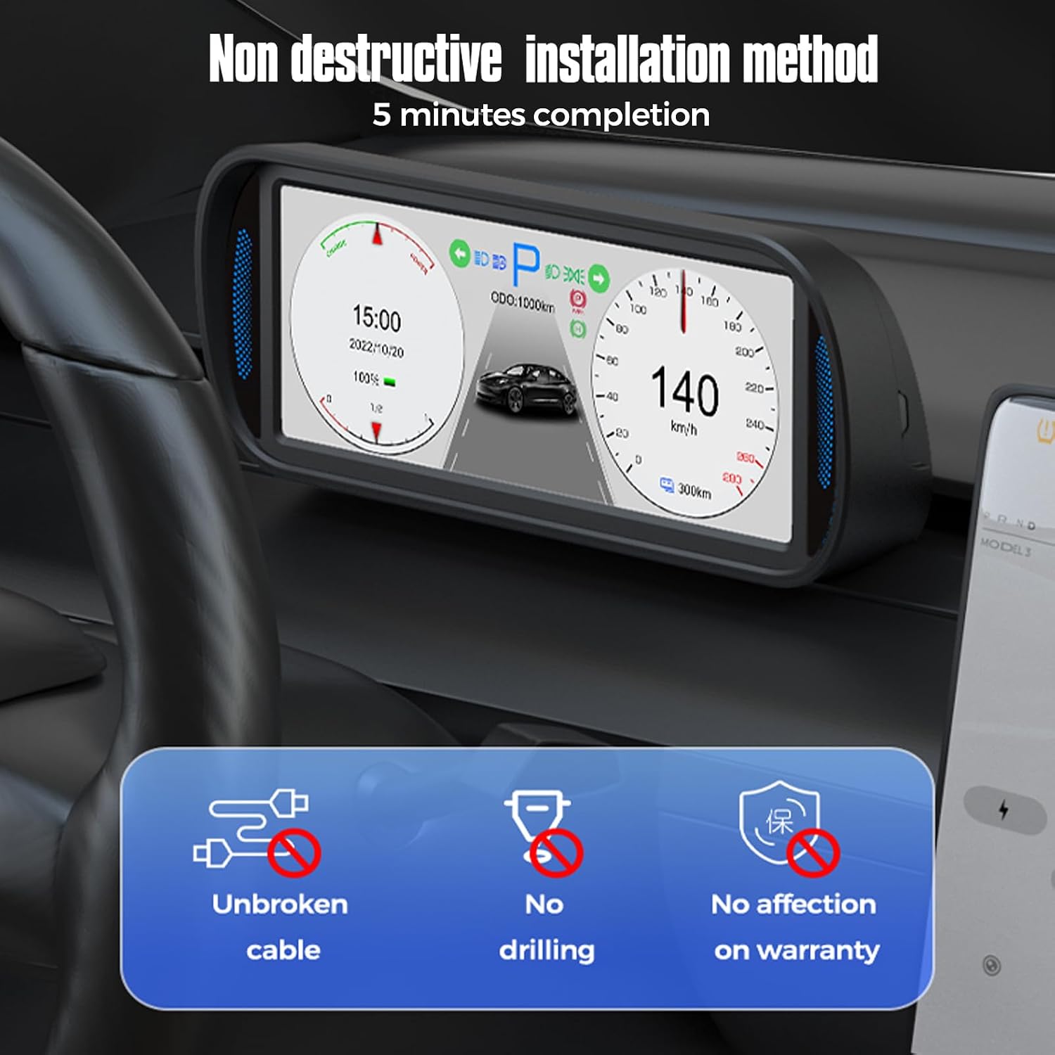Car Head Up Display Replacement for Tesla Model Y/3 2019-2022, 6.8inch IPS Screen, 1280 * 480 HD Resolution, USB Connectivity, Black