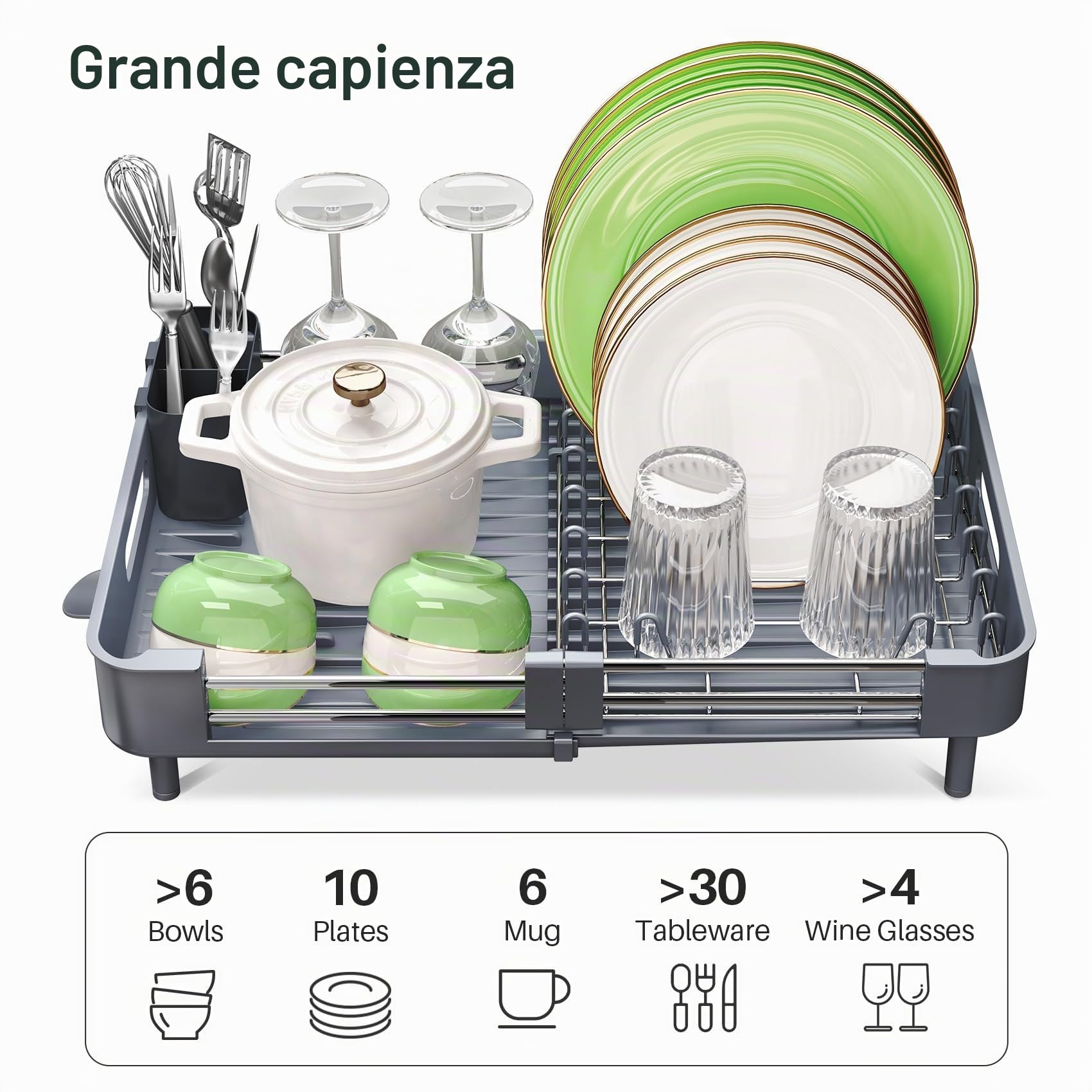 SAYZH Scolapiatti, Scolapiatti da Appoggio, Scolapiatti Salvaspazio Espandibile Di Grande Capacità in Acciaio Inossidabile con Porta Utensili Porta Tazze per Bancone Della Cucina (Grigio)