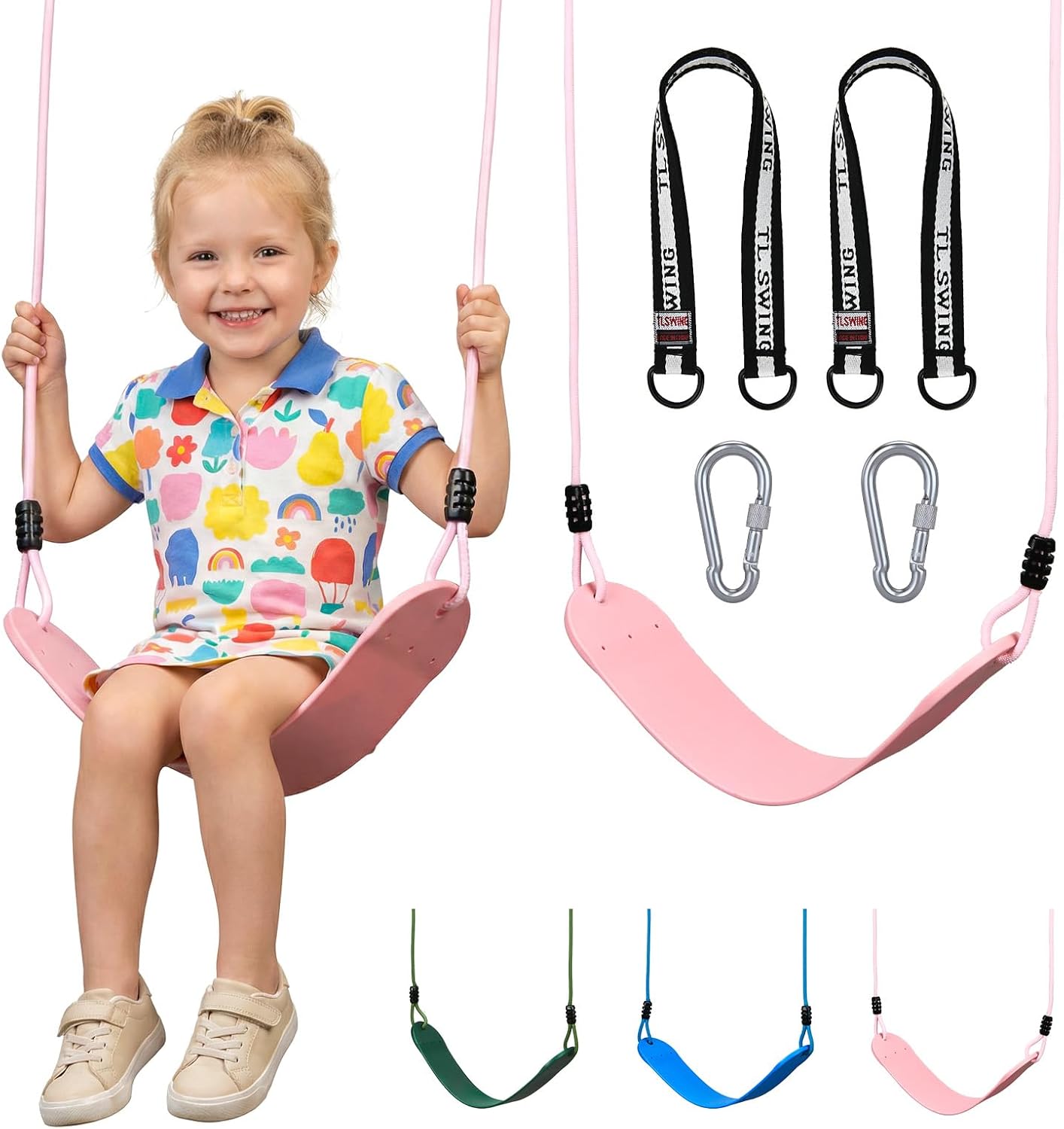 HeyZoo Heavy Duty Kids Swing Seat with 79" Adjustable Rope, 330 lbs Capacity Swing Set Accessories Replacement with 2 Carabiners and 2 Extra Hanging Straps, Outdoor Playground Gifts, Pink 1 Pack