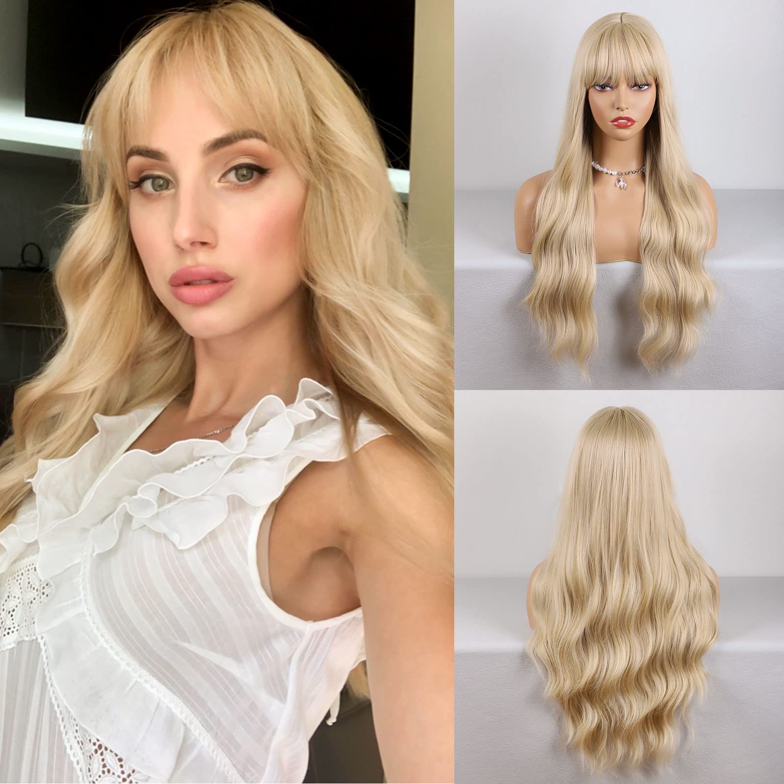 HANYUDIE Blonde Wig with Bangs Wigs for Women Colorful Wigs for Cosplay Heat Resistant Long Wavy Wig Synthetic Wigs for Girl (Blonde)