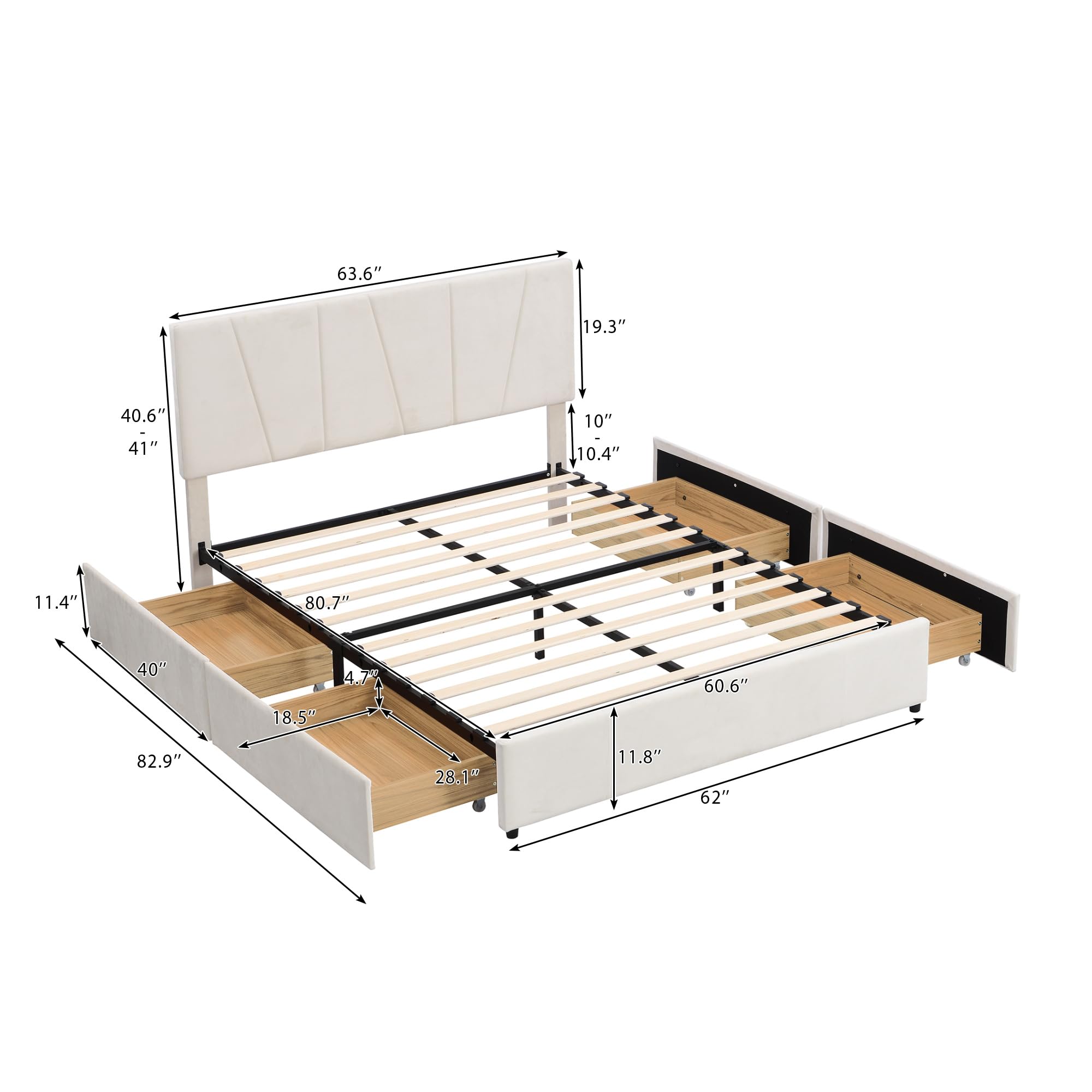 Queen Size Upholstery Platform Bed Frame for Boys Girls Kids Adults Toddler with Four Drawers on Two Sides, Adjustable Headboard, Beige