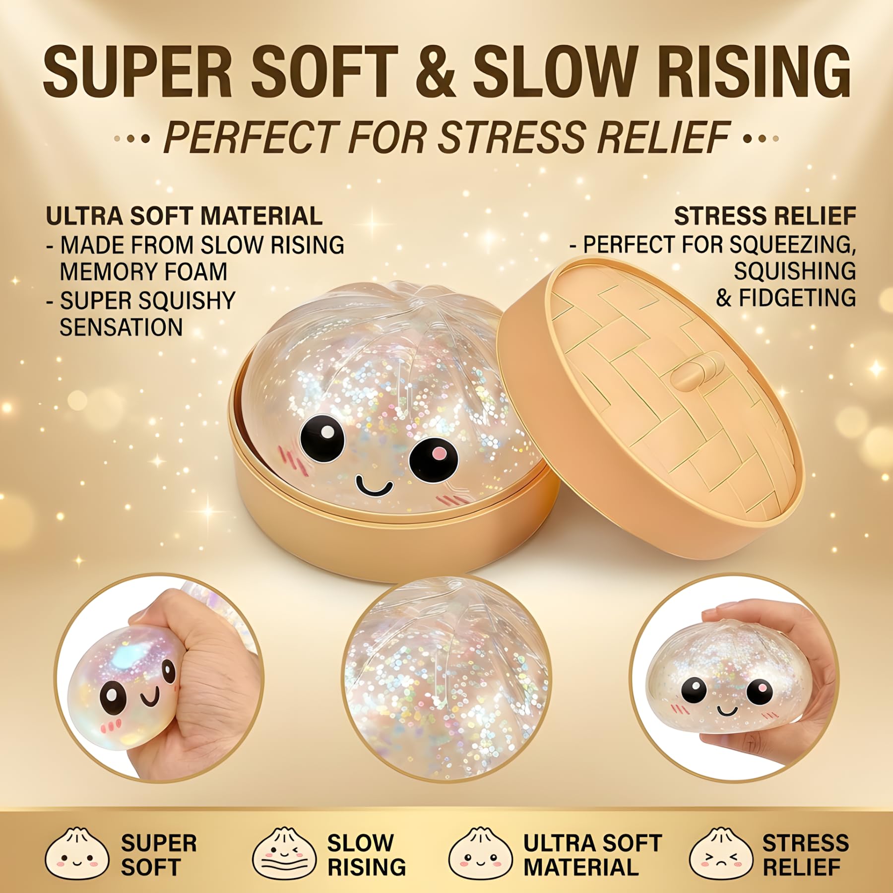 2026 New Glitter Dumpling Squishy, Mystery Dumpling Squishy with Steamer Box, Slow Rising Stress Relief Squeeze, Soft Dumpling Squishy Desk Accessory Novelty Gift — view 2
