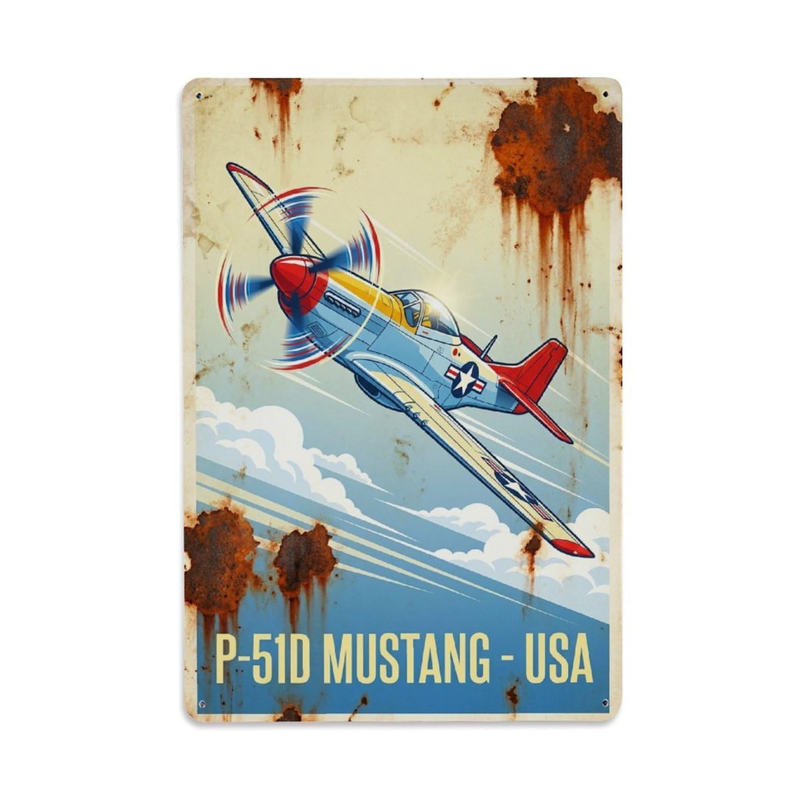 Heroic Realism P-51D Mustang Military Aviation Metal Tin Sign Plaque Wall Decor for Cafe, Man Cave, Club Bar, Office, Home Garden Round Metal Poster 8x12Inch