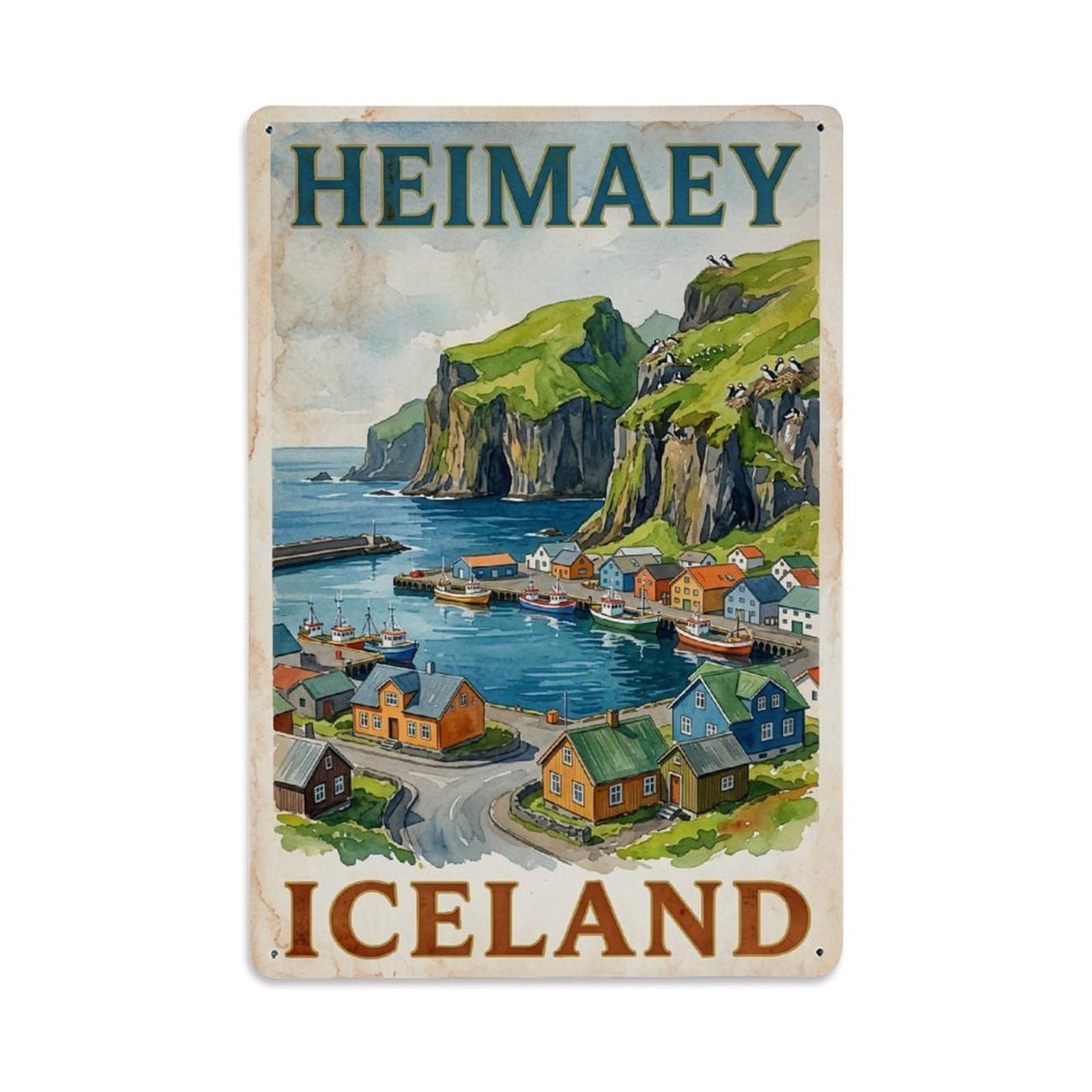 Vintage Travel Heimaey Iceland Island Metal Tin Sign Plaque Wall Decor for Cafe, Club Bar, Office, Home Garden Metal Poster 8x12Inch