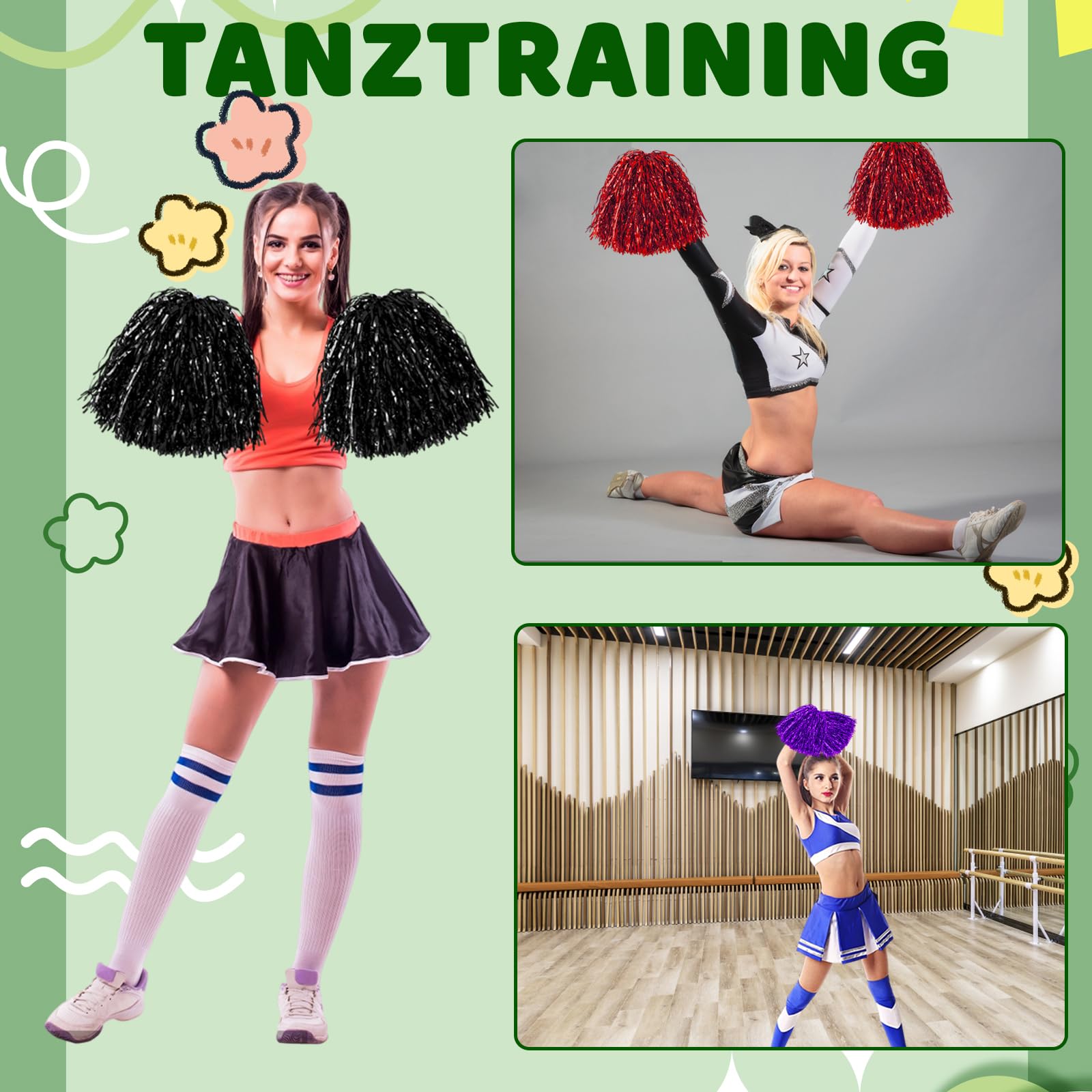 14 pompon da cheerleader, per eventi sportivi, danza, feste, eventi di squadra, 14 pezzi, rosso, verde, rosa, viola, argento, oro, nero