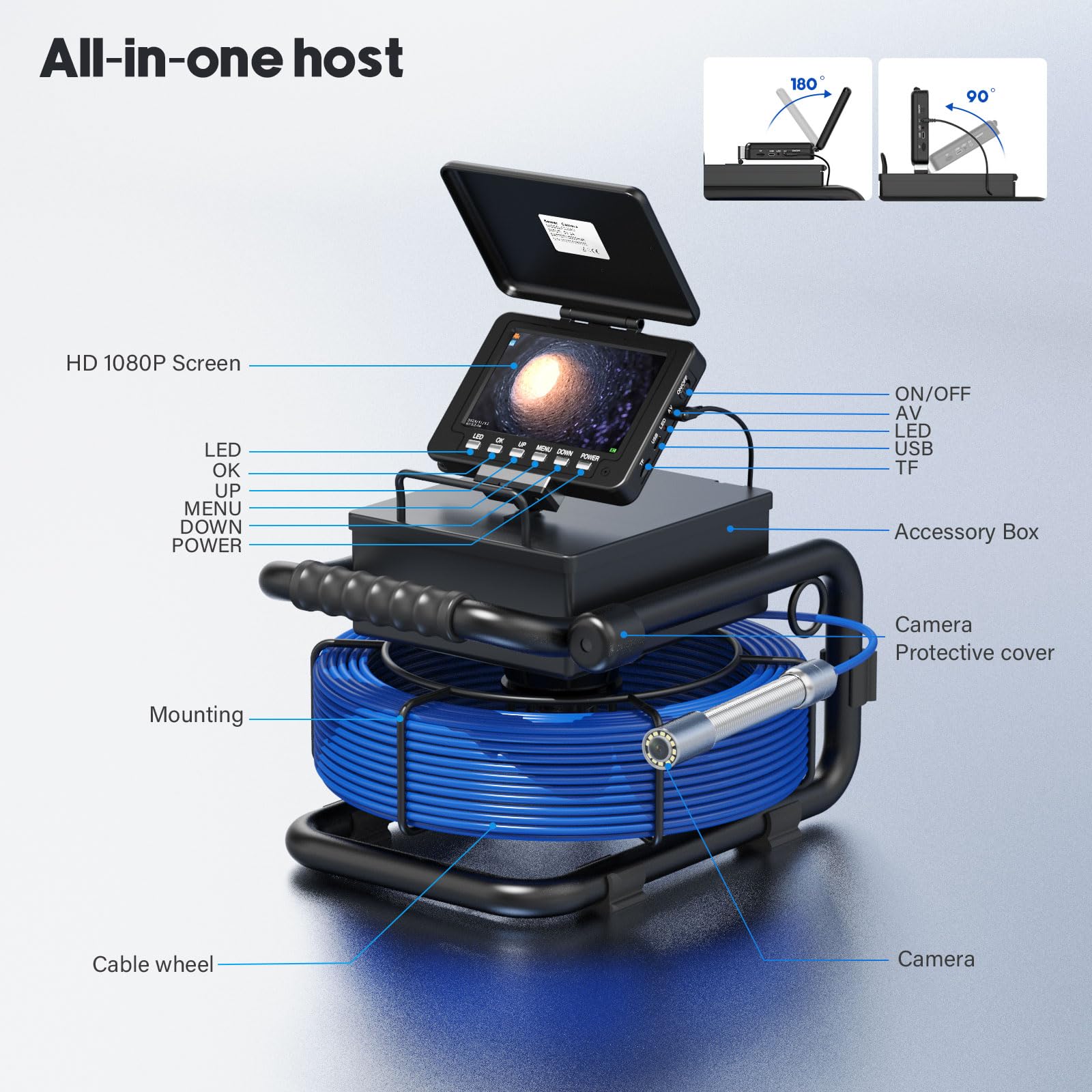 Telecamera Ispezione Tubi Kit, Sonda Telecamera Endoscopio con Trasmettitore 512 HZ e Autolivellamento, 5'' Endoscopio Professionale con Registratore DVR, IP68 Telecamera per Fognatura Impermeabile