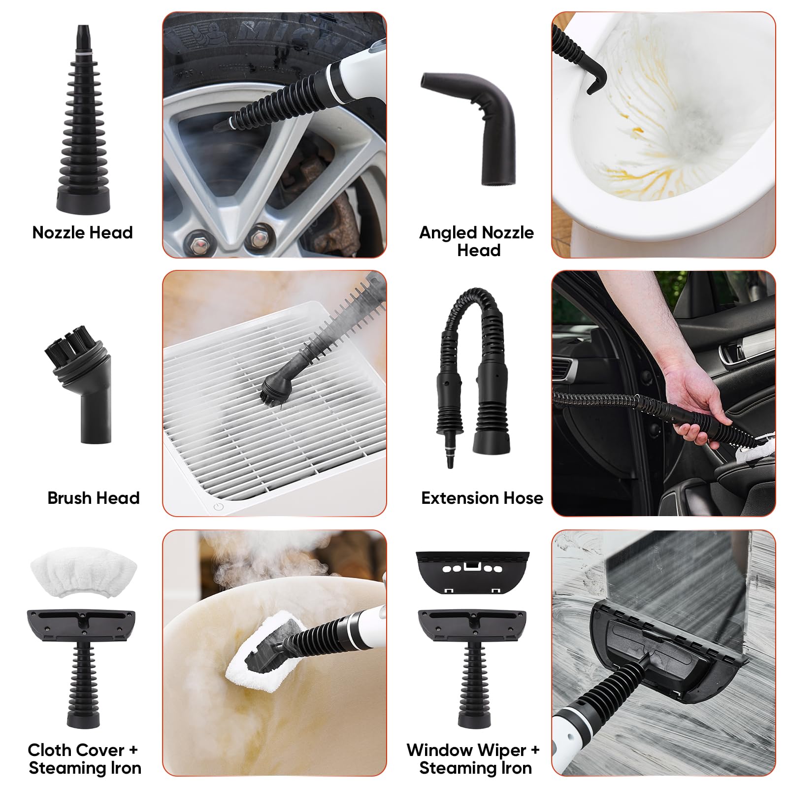 SakerPlus Dampfdesinfektionsreiniger, Handdampfer mit 9-teiligem Zubehör für die Reinigung von mehreren Oberflächen, natürliche Desinfektion für Küche, Boden (1 x Dampfreiniger-Kit)