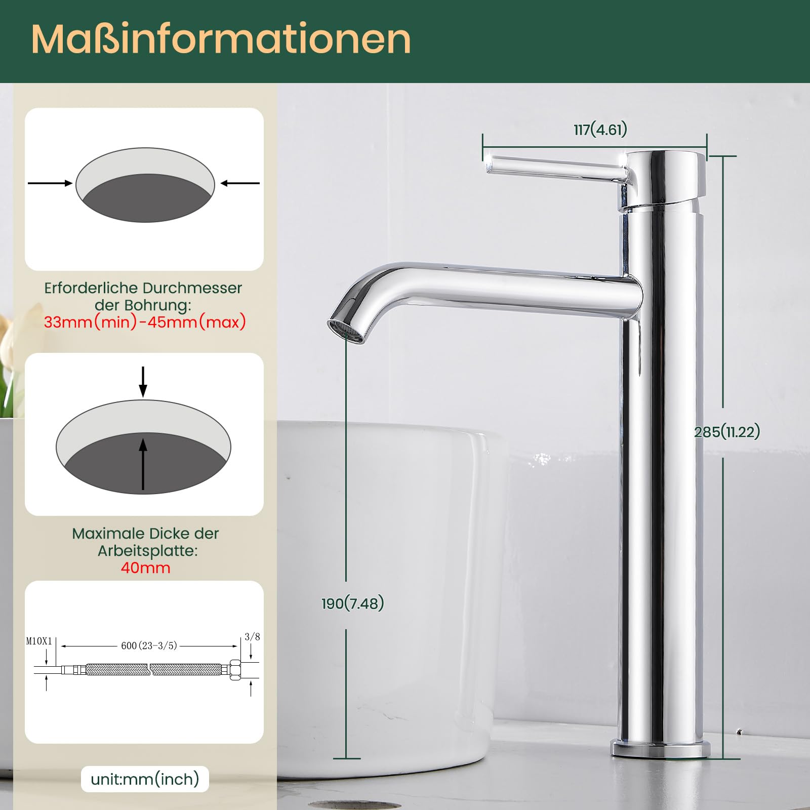 Hohe Wasserhahn Bad, Waschtischarmatur, Einhebel-Waschtischmischer, Waschtischmischer mit Warm- und Kaltwasseranschluss, Auslaufhöhe 19 cm, Hochstehend(28.5cm, chrom)