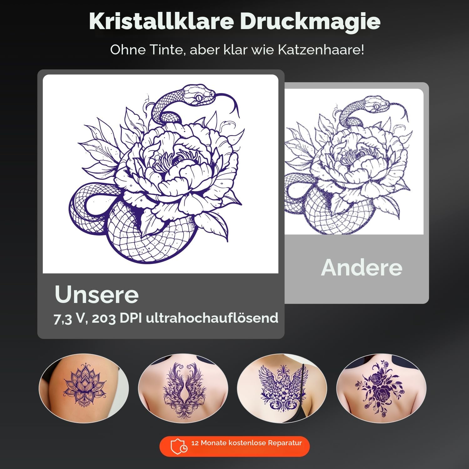 MUNBYN Tattoo Drucker Bluetooth, Stencil Drucker, Tattoo Printer Thermodrucker mit 20 Blatt A4 Transferpapier, Kompatibel mit Android iOS macOS Windows, ITP05, Schwarz