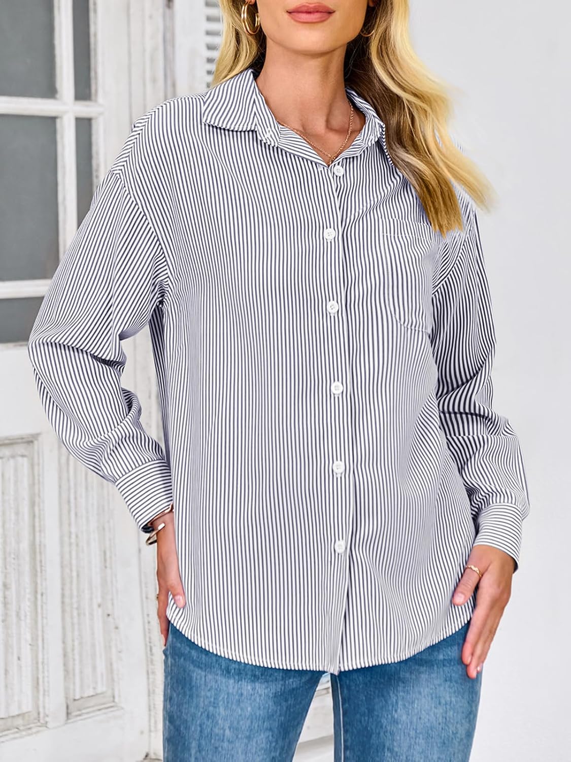 PRETTYGARDEN Womens Button Down Shirts Striped Long Sleeve Casual Collared Office Business Work Blouses Tops Spring Clothes - Image 5