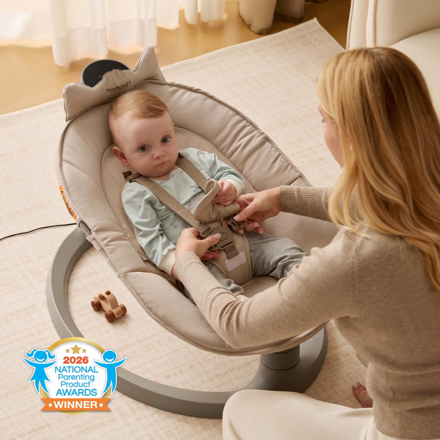 Momcozy 2 en 1 Hamaca Bebe Electrica, con Soporte de Doble Brazo, 4 Modos y 4 Velocidades de Balanceo, Mecedora Bebe Electrica Convertible en Asiento Fijo de hasta 30kg, 2 Posiciones de Reclinación